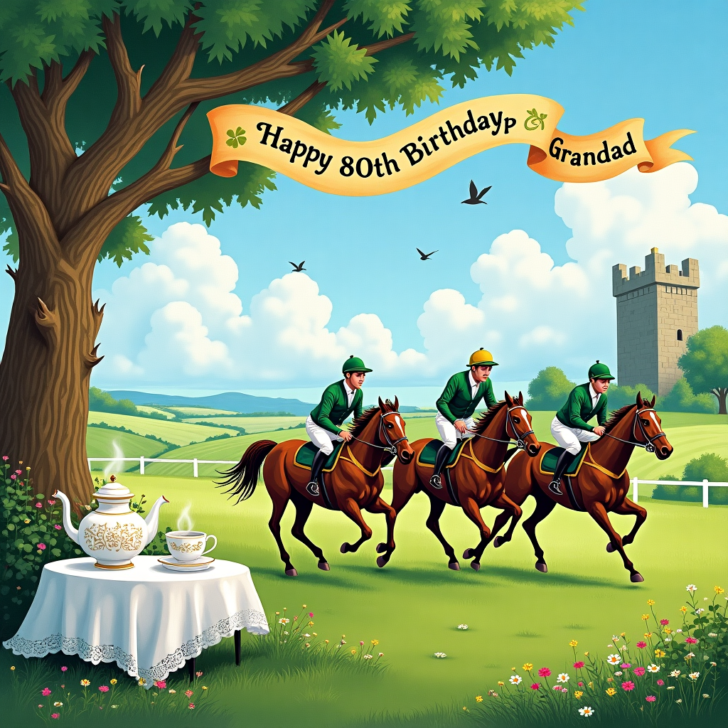 The scene unfolds in a lush, vibrant green Irish countryside, reminiscent of a tapestry that captures the rugged beauty of the Emerald Isle. In the foreground, an enchanting horse race is taking place, with three sleek horses galloping energetically, their coats gleaming under the soft Irish sunlight. The riders, clad in traditional jockey attire, wear vibrant silks in shades of emerald green and deep blue, their faces focused and determined. On the distant horizon, an ancient, stone tower overlooks the racecourse, its timeworn facade hinting at stories of old. 

To the left of the scene, nestled beside a patch of wildflowers, is a small, quaint tea table draped with an intricate lace cloth. Upon it sits a delicate porcelain tea set, steam gently swirling from the teapot, inviting one to pause and enjoy the simple pleasure of a warm cup. A vintage teacup stands raised as if making a toast, its delicate handle etched with intricate Celtic designs.

In the background, a sprawling birthday banner arches high above the scene, tethered between two grand, ancient oak trees. The banner, crafted in the style of an illuminated manuscript, bears the words "Happy 80th Birthday, Grandad" in swirling calligraphy, with flourishes of shamrocks and tiny horseshoes as embellishments. The sky behind it is a vast canvas of watercolor blues, with fluffy clouds forming playful shapes that seem to echo the joyous occasion. 

Grandad's name, "Grandad," is ingeniously incorporated into the clouds themselves, subtly but unmistakably formed by the natural, ephemeral shapes. Birds flit and dart among the clouds, as if carrying whispers of congratulations on the gentle breeze. This illustration, full of detailed nods to the cherished themes, captures a moment of celebration that is as timeless and majestic as the land itself.
Generated with these themes:  horse racing, 80th Birthday, irish, tea .
Made with ❤️ by AI.