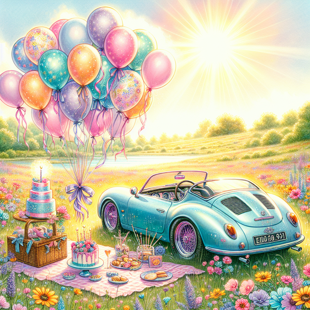 A whimsical birthday illustration set in a sunlit meadow. Imagine the scene with a brightly colored sports car parked amidst vibrant wildflowers. Pastel-colored balloons float elegantly above the sports car, tied to the rear with satin ribbons. A picnic blanket is laid out beside the car, adorned with sweet treats and a cake that has a single sparkling candle on top, ready to celebrate the birthday festivity.
Generated with these themes: Lotus Elise car.
Made with ❤️ by AI.