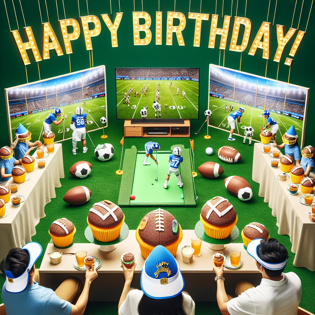 A scene where Alfie's friends wear golf visors, holding plates with football-designed cupcakes. A mini-golf putting area is set up beside a TV showing a football match, all under a grand 'Happy Birthday Alfie!' in bold, celebratory letters.
Generated with these themes: golf/ football.
Made with ❤️ by AI.