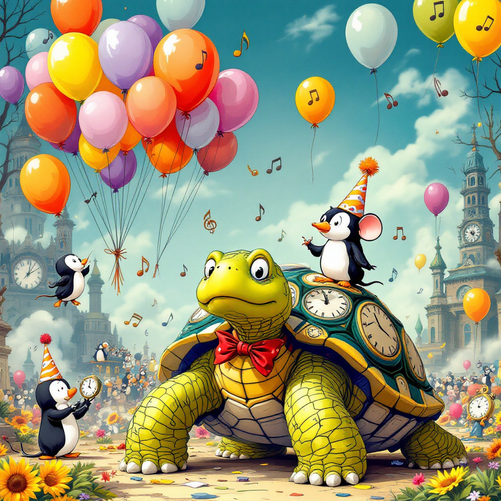 In the center of the birthday card's front cover, imagine a bustling scene reminiscent of a Charles Schulz's Peanuts world with a dash of Bill Watterson's whimsy. The foreground is occupied by an oversized, anthropomorphic turtle, wearing a snappy bow tie and a party hat that's slightly askew, giving him a look of comical surprise. His shell is painted with intricate patterns reminiscent of Osamu Tezuka's detailed manga art, showcasing a multitude of clocks, each set to different times—an homage to the 'Tempo' theme.

Perched atop the turtle's shell, a mischievous mouse with expressive eyes, akin to a character from Disney's classic era, holds a stopwatch in one paw and a tiny conductor's baton in the other, as if orchestrating the chaos. Above them, suspended in mid-air by invisible strings, are balloons shaped like musical notes, each tied to a dapper penguin dressed in a tuxedo, a nod to the stylish characters found in Hergé's Tintin series. The penguins are comically struggling to stay afloat, their feet flapping comically.

To the left, a small birthday cake sits precariously on the edge of a wooden table, its tiers resembling the layers of a clock tower, with mini-cogs and gears spinning around its base, inspired by the intricate backgrounds of Winsor McCay's Little Nemo in Slumberland. The candles are little rockets, ready to launch, and a tiny, impatient cat—looking as if it stepped out of a Gary Larson cartoon—attempts to swipe a rocket candle, oblivious to the impending mess.

In the background, an open window reveals a vivid R. Crumb-style cityscape, where a parade of anthropomorphic animals, each carrying a different tempo-themed instrument (drums, metronomes, harps), march in an absurd procession reminiscent of Will Eisner's expressive crowd scenes. An elephant in the procession clutches an enormous saxophone, with Art Spiegelman-like shadows accentuating its playful eyes, as it jubilantly blows bubbles into the sky.

The scene bursts with detail and energy, each element contributing to a story of zany celebration, time-play, and musical antics, making it a perfect, humor-filled birthday greeting.
Generated with these themes: TEMPOTM.
Made with ❤️ by AI.