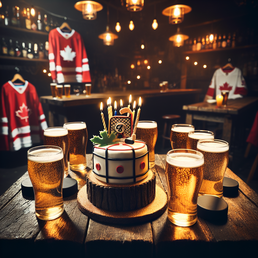 Create an image of a warm and welcoming pub, dimly lit and filled with the sounds of joyous conversations and laughter. A birthday celebration is taking place, with a miniature hockey rink-themed cake sitting proudly on a rustic wooden table. Surrounding the cake are pint glasses filled up to the brim with shimmering golden ale, clinking in celebratory toasts. Hockey jerseys of different colours are draped casually over the backs of chairs. You can also see hockey puck-shaped coasters and a festive arrangement of birthday candles, their lights flickering like distant stars.
Generated with these themes: Hockey, Drinking, and Friends.
Made with ❤️ by AI.