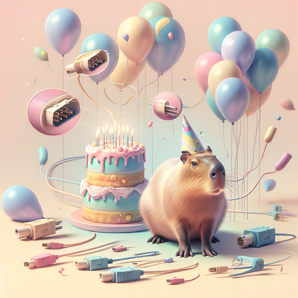 Imagine an enchanting birthday setting painted in delicate pastel colors. At its core, a delightful capybara, dappled with a cheerful party hat, resides. Mixed around the area are balloons and festoons which echo the subtle shapes of electrical connectors, bestowing the scene with a peculiar technical aspect. These connectors are skillfully merged within the adornments including the cake's icing model and the cords of the balloons, which forms a balanced meld of the organic and synthetic in this animated fantasy.
Generated with these themes: Capybara, and Electrical connectors.
Made with ❤️ by AI.