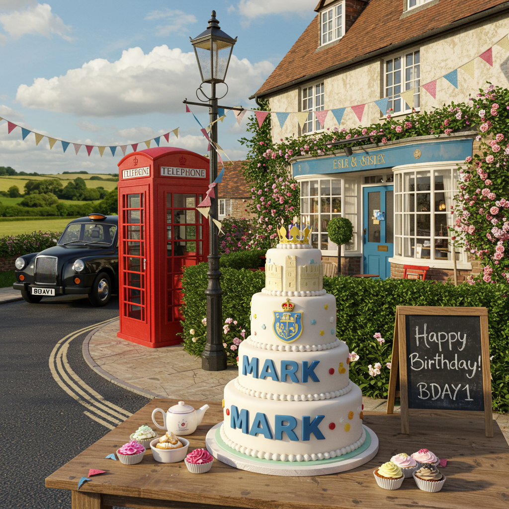 Front and center is a lifelike, hyper-realistic photograph of an Essex-themed birthday scene. Imagine a lively snapshot taken in the bustling streets of an Essex village, brimming with vibrant details that encapsulate the spirit of the place.

In the foreground, there's a classic English red phone booth, its glossy paint gleaming under the bright sun. Next to it stands an intricately designed wrought-iron lamppost adorned with colorful bunting in shades of blue, yellow, and pink, swaying slightly in the gentle breeze.

To the right, there's a vintage tea shop with an elegant, handwritten chalkboard sign outside displaying "Happy Birthday!" in swirling letters. A quintessentially English hedge of neatly trimmed boxwood lines the front of the shop, dotted with blooming rose bushes in hues of soft pink and cream.

Center stage on a rustic wooden table sits a magnificent birthday cake. The cake is a three-tiered masterpiece covered in white fondant, with intricate sugar-crafted details depicting iconic Essex symbols, like a miniature replica of the historic Colchester Castle. The top tier features an edible golden crown, perched slightly askew, a nod to Essex's royal history.

On the cake's middle tier, the word "MARK" is artistically piped in bold, royal blue icing. It's a striking feature that catches the eye amidst the confectionery artistry.

In the background, you can see the silhouette of the Essex countryside with rolling green hills and a picturesque sky with fluffy, white clouds dotting the azure expanse. A classic British black taxi is parked along the side, its license plate cheekily reading "BDAY1".

The entire scene is bathed in the soft, golden glow of late afternoon sunlight, casting gentle shadows and highlighting the rich textures and colors that make Essex unique. This is a snapshot of celebration and local charm, perfect for a birthday greeting card cover.
Generated with these themes: ESSEX .
Made with ❤️ by AI.