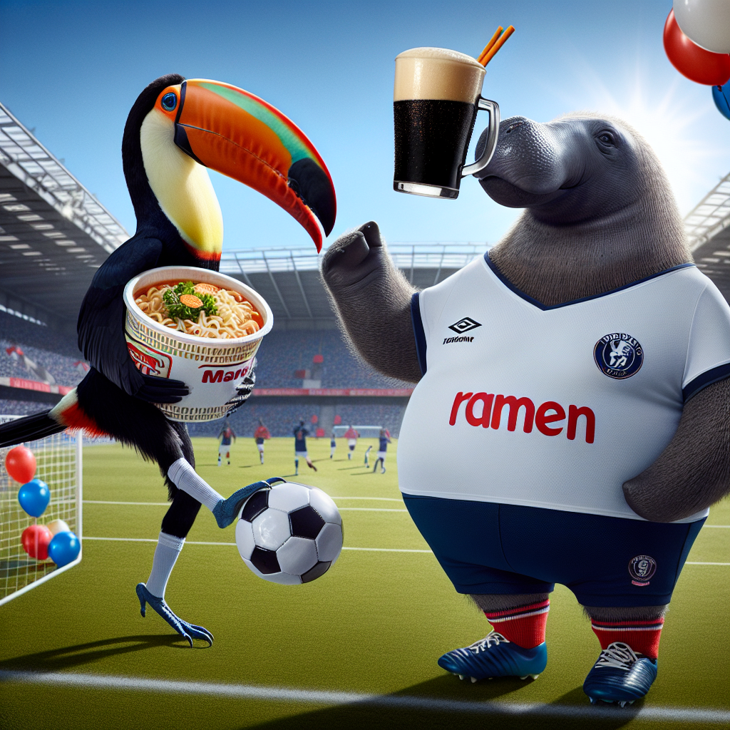 Imagine a humorous scene where a toucan and a manatee, both sporting athletic uniforms of a popular London-based soccer team, are taking part in a game of soccer. The toucan, with its wide wings spread, is in mid-flight passing a ramen-filled soccer ball to the eager manatee who is balancing a pint of a dark Irish stout on its nose. The stadium in the scene is full of birthday balloons and banners cheering the team on, creating a festive and fun birthday-themed atmosphere.
Generated with these themes: Soccer, Toucan, Manatee, Guinness , Ramen, and Chelsea football club.
Made with ❤️ by AI.