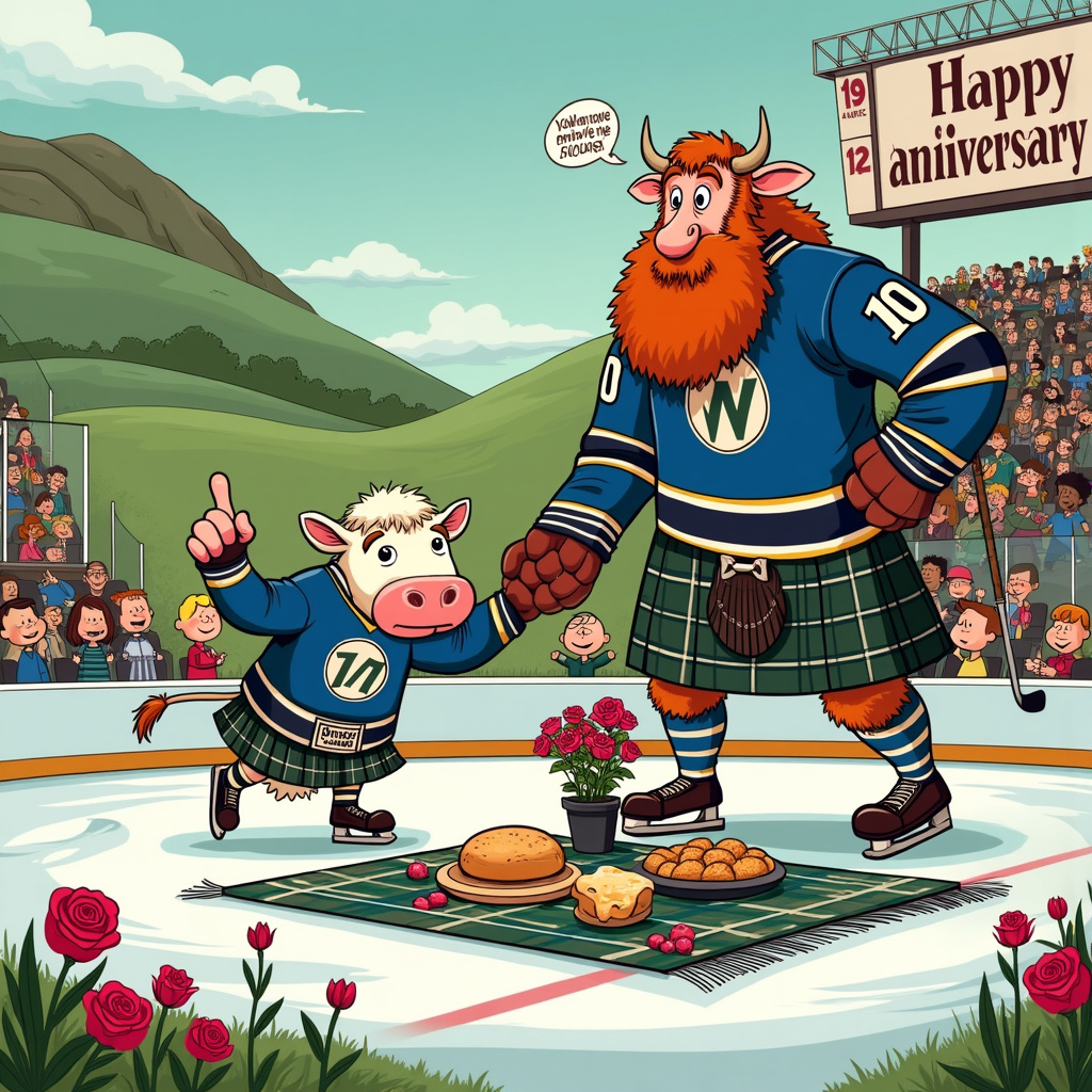 Alright, here’s a quirky and creative scene for your anniversary greeting card:

**Scene Description:**

The scene is set in the iconic SSE Arena in Belfast, home of the Belfast Giants ice hockey team. However, in this whimsical cartoon, the ice rink is transformed into a lush, green Scottish highland with rolling hills and scattered thistles. Center ice has a giant, colorful tartan blanket laid out, adorned with a delicious spread of picnic goodies including scones, shortbread, and a large pot of haggis. 

In the foreground, a jubilant Highland Cow, dressed in a miniature Belfast Giants jersey with the number "XX" for twenty, skates clumsily on the rink. The cow's large, expressive eyes and exaggeratedly long eyelashes are reminiscent of Gary Larson's humor, and its shaggy fur is meticulously detailed in the style of Winsor McCay. One hoof is holding a giant foam finger pointing up, cheering on the scene, while the other is holding a bouquet of wildflowers.

Standing next to the cow is a towering Belfast Giant, resembling a friendly behemoth from Hergé’s Tintin universe, with a thick red beard and clad in a kilt with the Belfast Giants logo. The Giant has a comically large hockey stick over his shoulder and is handing a single, perfect red rose to the Highland Cow, which blushes a deep, comic-strip red. 

In the background, the crowd is filled with cheerful spectators, including a mix of humans and animals wearing Belfast Giants gear. There's even a couple of characters styled like Charles Schulz’s Peanuts, with Charlie Brown and Snoopy enjoying the match. Above them, a large scoreboard displays the message “Happy Anniversary!” in bold, playful letters. 

Floating above the ice, slightly to the right, are some whimsical, balloon-like speech bubbles styled after Bill Watterson's Calvin and Hobbes. The cow's bubble says, “You’ve mooooved me for 20 years!” and the Giant’s bubble says, “Let’s stick together for many more!”

A couple of penguins in tuxedos, looking straight out of a Disney movie, are officiating the scene with tiny, playful whistles around their necks. 

Overall, the scene is bustling with humor and celebration, with every element intricately connected to create a unique and delightful story that marries the themes of Belfast Giants and Highland Cows in a charming, cartoonish tableau.
Generated with these themes: Belfast giants, and Highland cow.
Made with ❤️ by AI.