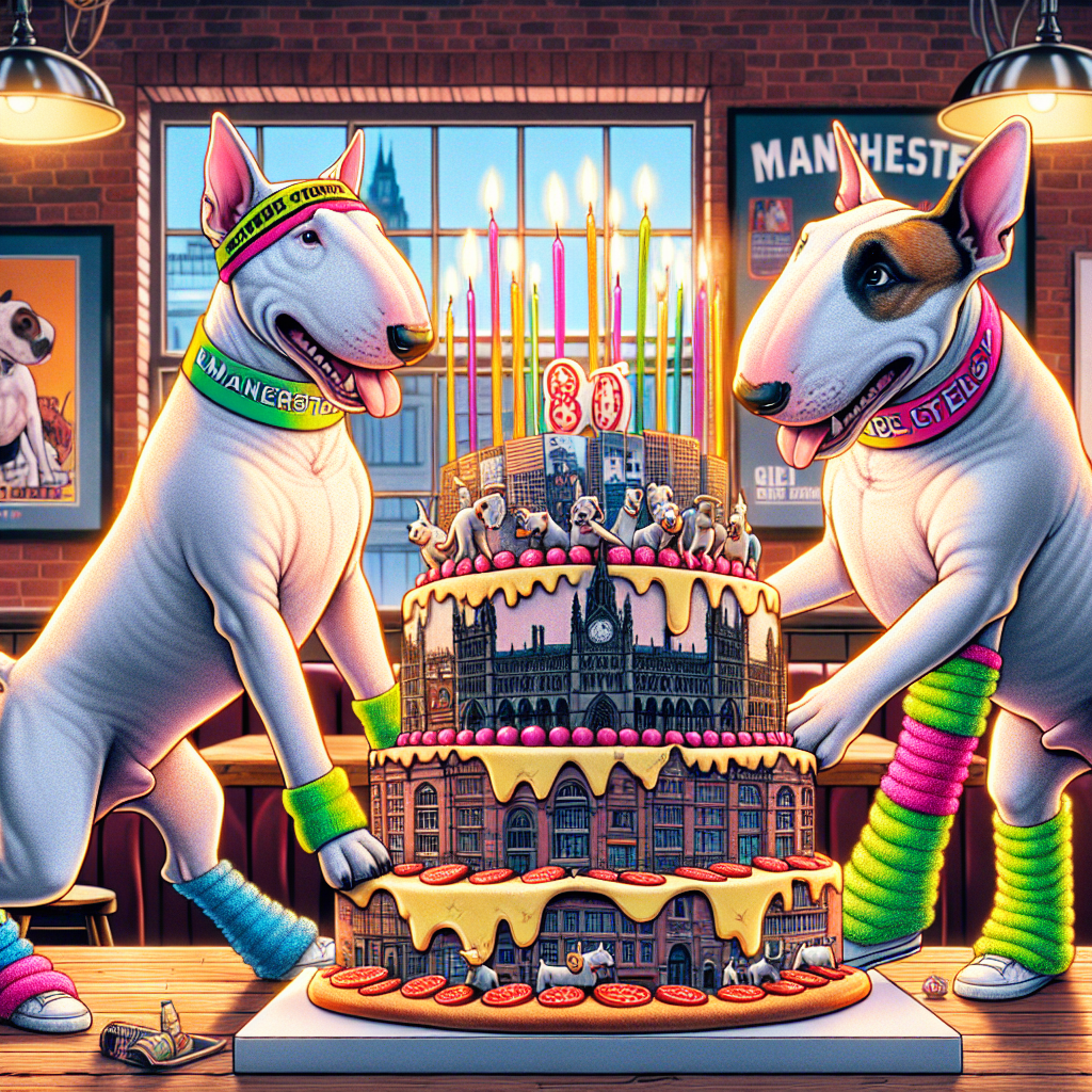 A vibrant pub interior in Manchester is filled with posters of iconic 80s music bands, creating an atmosphere steeped in nostalgia. Two animated English Bull Terrier dogs, wearing neon leg warmers and headbands, struggle humorously to blow out candles on a colossal cake shaped like a pizza. The cake is embellished with miniature replicas of famous landmarks from Manchester, integrating the city's vibrant character into the celebration. This cartoon perfectly merges a festive mood with a playful, nostalgic tone, paying tribute to an anniversary in a unique, joyous manner.
Generated with these themes: English Bull Terrier dogs, 80s music, Manchester, Pizza, and Wetherspoon pub.
Made with ❤️ by AI.