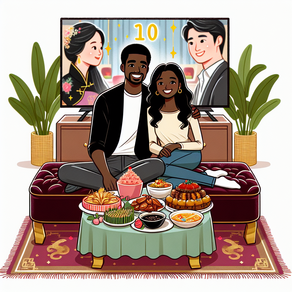 Create a heartwarming illustration of a black couple celebrating their tenth anniversary. They are sitting on a luxurious velvet floor cushion in front of a coffee table brimming with a variety of Chinese delicacies. In the background, a television screen is showing the ongoing drama from a popular Korean series, showcasing their shared interest. Their faces are beaming with happiness and a sense of togetherness, reflecting the significance and joy of their decade-long journey together.
Generated with these themes: Chinese food , Watching K-Drama , 10 years together , A black man , and A black woman .
Made with ❤️ by AI.