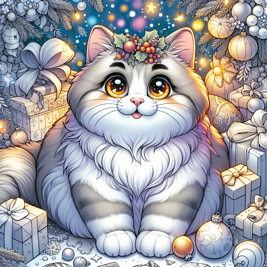 The scene is a cartoon Christmas delight, featuring an adult cat with a vague yet charming appearance. Its chunky figure is cloaked in a blanket of white fur, eyes like drops of amber magic. Surrounded by gifts and seasonal decor, the cat's playful demeanor brings the holiday spirit to life.
.
Made with ❤️ by AI.