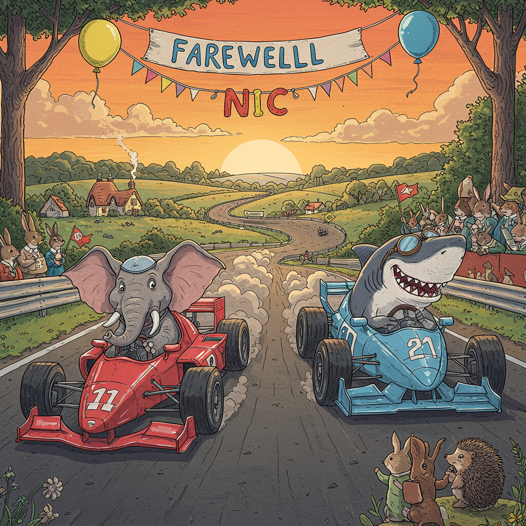 Imagine a bustling racetrack set against the backdrop of a setting sun, casting warm hues of orange, pink, and purple across the sky. The track winds dramatically through a countryside reminiscent of a Norman Rockwell painting, dotted with whimsical cottages and lush green meadows.

In the foreground, two cartoonish characters are at the helm of gleaming F1 racing cars. On the left, a jovial elephant with exaggerated, expressive features maneuvers a vibrant red car, the metallic paint catching the sunlight. The elephant sports a tiny racing helmet perched comically on its massive head, with oversized ears flapping in the wind. 

On the right, a sleek, streamlined shark, humorously drawn with exaggerated, sharp teeth grins widely as it races in a cool, ocean-blue car. Its fin emerges from the roof of the car, and a pair of racing goggles sit atop its pointed snout. The wheels of both cars spin rapidly, leaving behind clouds of dust illustrated in intricate swirls akin to an Edward Gorey style.

Above the track, a whimsical banner suspended between two comically oversized balloons spells out "Farewell Nic" in playful, hand-lettered script, the letters composed of vibrant, celebratory colors: bright yellow, electric blue, and a splash of magenta.

To the side, in a small patch of grass, stands a charming audience of animals, reminiscent of Beatrix Potter’s detailed and endearing characters. Rabbits, hedgehogs, and birds, all wearing tiny hats and holding flags, cheer animatedly. In the distance, rows of trees drawn with Arthur Rackham’s signature intricate line work frame the scene, adding depth and texture.

The overall illustration combines a sense of dynamic movement with whimsical, detailed elements, creating a memorable farewell scene full of life and color.
Generated with these themes: Cartoon elephant and shark driving F1 racing cars.
Made with ❤️ by AI.