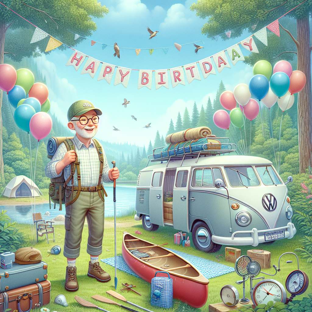 Hiking, Bald, Cap, Camping, Canoeing, Glasses, Volkswagen camper, and Bird watching Birthday Card