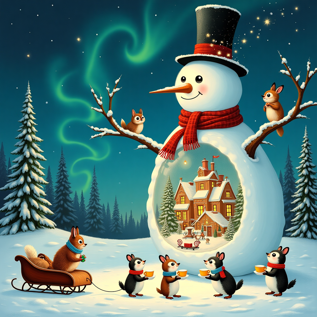 In a fantastical winter wonderland reminiscent of the storytelling magic of Maurice Sendak and the whimsical line work of Aubrey Beardsley, a peculiar and enchanting scene unfolds. At the center stands a towering snowman, sculpted with an unusual twist: its middle section is a gigantic, intricate snow globe, with tiny, meticulously crafted Victorian houses and evergreen trees encased within. Through the clear crystal snow globe, a miniature train puffs around the village, leaving trails of shimmering stardust in its wake, a nod to the classic adventures painted by N.C. Wyeth. The snowman wears a top hat adorned with twinkling fairy lights and a scarf woven with threads of midnight blue and silver, catching the spirit of Norman Rockwell's charmingly detailed characters.

To the left of the snowman, perched on a snow-draped branch, sits an owl in a tiny conductor's cap, a Beatrix Potter-like creature overseeing the miniature railway. Its wide eyes, illustrated with Edward Gorey's eccentricity, gaze upon a parade of woodland animals below, who are gathered around an elaborate, steaming cauldron of spiced hot chocolate. Each animal—rabbits, foxes, and squirrels—holds a delicate porcelain teacup, painted with delicate motifs reminiscent of Maxfield Parrish's rich and dreamy palettes.

In the background, the horizon is filled with a swirling aurora borealis, casting a mystical glow over the scene, inspired by the dramatic skies of Gustave Doré. A small, antiquated sleigh, led by a team of spirited penguins in bright scarves, glides across the foreground, trailed by Quentin Blake's signature lively brushstrokes capturing their animated march. These elements come together in a harmonious blend of whimsy and wonder, setting the stage for a Christmas card that invites the viewer into a storybook world full of curious details and timeless holiday magic.
Generated with these themes: Snowman.
Made with ❤️ by AI.