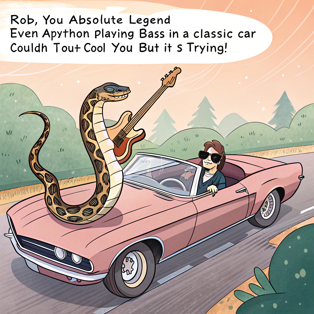 At the top of the image, "Rob, you absolute legend – even a python playing bass in a classic car couldn’t out-cool you (but it’s trying)!"

– Create an abstract, humorous composition featuring:
  - A sleek 1960s classic car inexplicably driven by a Python (the actual snake, wearing retro sunglasses).
  - The Python has its tail wrapped stylishly around a vintage bass guitar, which it’s attempting to strum mid-drive.
  - In the back seat, a suave black & white fluffy cat raises a paw holding a perfect pint of Guinness, foamy head glistening.
  - Riding shotgun: a mischievous fawn tabby cat in aviator goggles, howling with laughter, head out the window like a dog.
  - Musical notes, engine smoke, and Guinness foam all blend into colorful abstract shapes swirling together – fuchsia, teal, and deep brown with splashes of chrome.
  - Random scattered guitar picks and paw prints throughout the background add to the abstract, whimsical chaos.

– Funny birthday energy, with surrealism meets jazz-club-cats meets Top Gear fever dream vibes.
Generated with these themes: Python, Fawn tabby cat, Black & White Fluffy Cat, Pint of guinness, Classic car, and Classic bass guitar.
Made with ❤️ by AI.