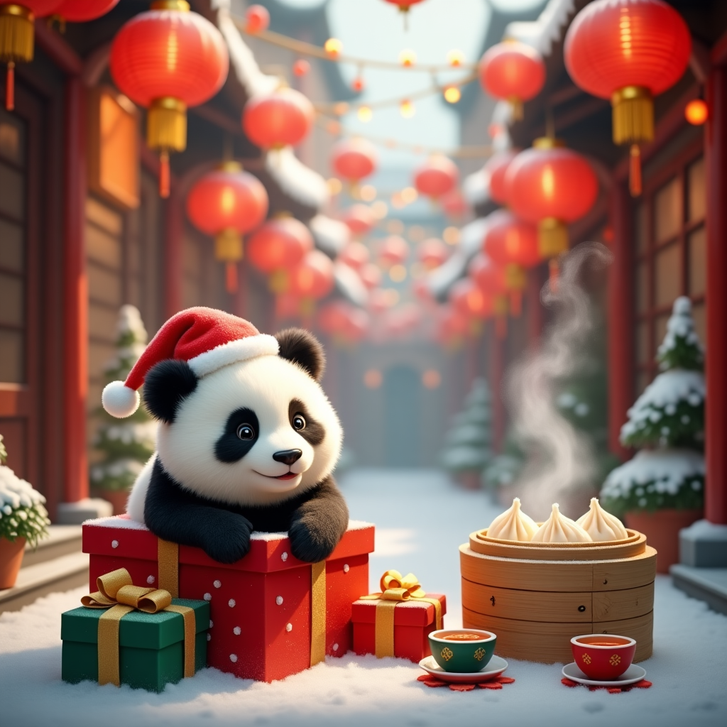 **Prompt:**  

A heartwarming, realistic photograph capturing a cozy Christmas moment in a traditional Chinese hutong alley dusted with soft snow. Red Chinese lanterns hang above, gently glowing with warm light, intertwined with twinkling fairy lights and holly. In the foreground, an adorable panda cub wearing a tiny Santa hat peeks out from a red gift box with gold ribbon, surrounded by neatly wrapped presents in red and jade green paper. Steam curls from a nearby bamboo steamer filled with festive dumplings, adding warmth to the winter scene. A Chinese tea set with tiny cups sits beside the panda, adding a peaceful and charming holiday touch. The scene radiates cuteness and cultural warmth, perfect for the holiday season.
Generated with these themes: christmas in china.
Made with ❤️ by AI.