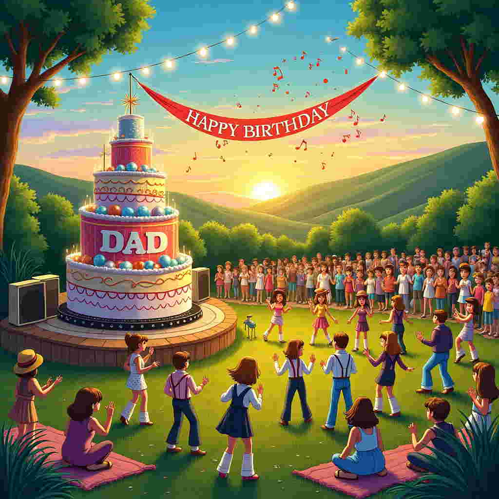 The scene is set in an open-air concert venue during an early evening. At the center, there’s an animated, hand-drawn stage bustling with life. A lively Abba tribute band dressed in iconic 70s disco outfits, complete with bell-bottoms and platform shoes, performs energetically under twinkling fairy lights that arch above the stage like a glimmering rainbow.

In the foreground, an oversized birthday cake towers beside the stage. It’s decorated with edible disco balls and vibrant colors—electric blues, shimmering silvers, and glimmering golds. Written in swirling, glittery icing at the base of the cake is the word “Dad.”

Around the cake, there’s a crowd of cartoonish partygoers clad in retro clothing, some wearing wide-brimmed hats, others sporting large sunglasses. They dance joyfully on a grassy field that stretches out with detailed strokes of green and yellow pastels.

The backdrop features rolling hills that seem to vibrate with rhythmic lines, reminiscent of Arthur Rackham’s intricate landscapes, framed by a setting sun painted in rich hues of orange and purple. Above, the sky is sprinkled with both stars and musical notes that seem to float gently down, inspired by Quentin Blake’s free-spirited lines.

A vibrant banner, hanging over the stage, flutters lightly in the evening breeze, emblazoned with “Happy Birthday” in bold, Beatrix Potter-esque calligraphy. Scattered around are small, whimsical details like vintage record players on picnic blankets, swirls of confetti in the air, and tiny woodland creatures, drawn in an Edward Gorey style, peeking curiously from behind the tall, sway-laden grass.

Each element is infused with a playful intricacy, inviting the observer to discover hidden gems within the scene, all harmoniously combined to create a dynamic, colorful tribute to both birthdays and the timeless tunes of Abba.
Generated with these themes: Abba Tribute Concert.
Made with ❤️ by AI.