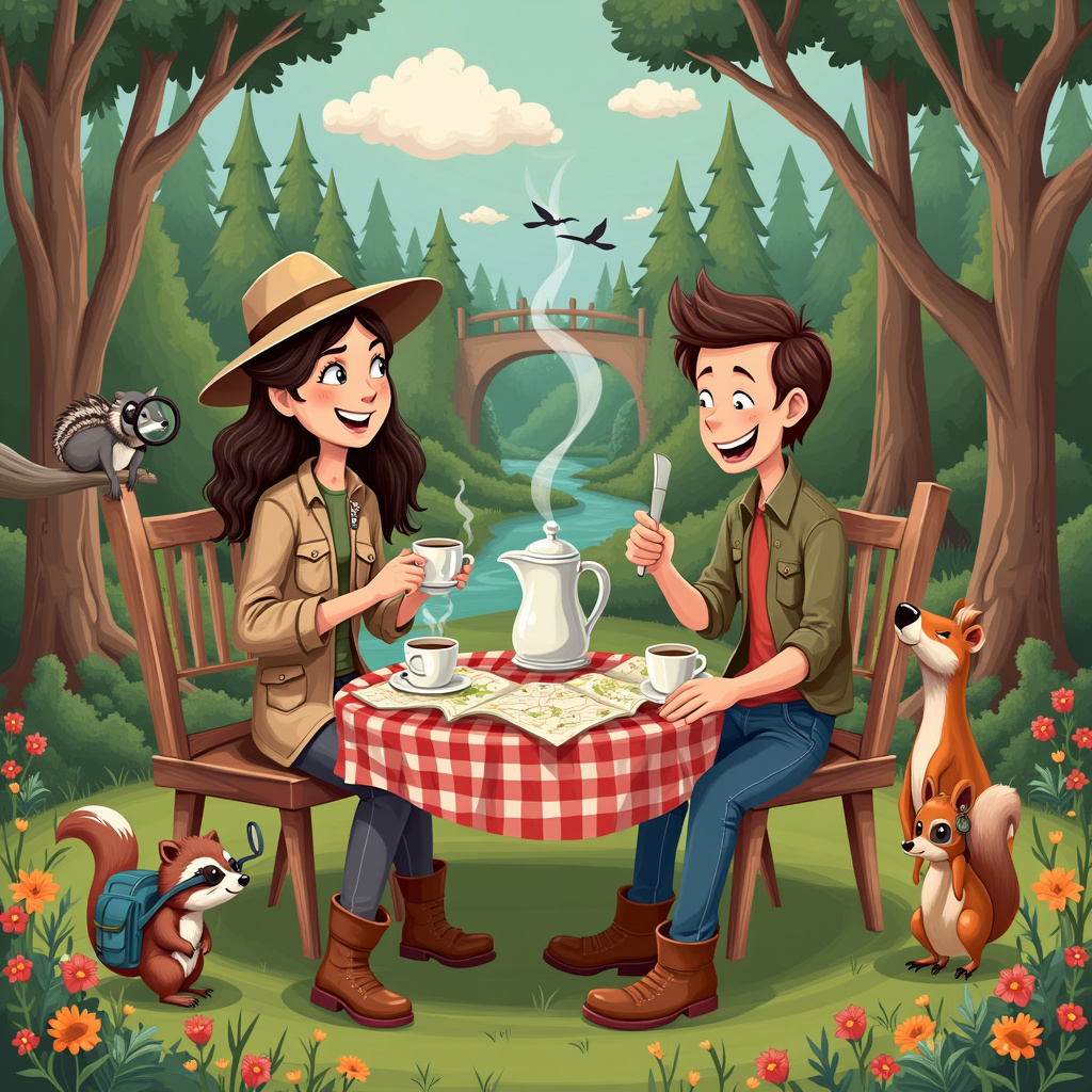 In a whimsical forest clearing, surrounded by towering trees and a carpet of vibrant, multicolored wildflowers, our scene unfolds. At the center, a sturdy yet stylish wooden table is set up, adorned with a checkered red and white tablecloth. A steaming pot of coffee and two matching cups sit invitingly atop the table. On one side, a spirited Lady Adventurer with a safari hat, a khaki jacket with multiple pockets, and sturdy boots is animatedly recounting tales of her explorations. She has a map spread out on the table, dotted with little X's marking the exciting places she's discovered.

Opposite her, listening with rapt attention, is her partner, casually dressed in a cozy flannel shirt and jeans, holding a coffee cup. Their eyes sparkle with love and curiosity, as they lean in to hear every word. Around them, a collection of silly animals has gathered, adding a touch of enchantment and humor to the scene. 

A raccoon, wearing a monocle and sipping coffee from a tiny cup, sits at the edge of the table, seemingly deep in thought. Nearby, a curious squirrel with a tiny explorer’s hat clambers up the table leg, peeking at the map. Overhead, a parrot perched on a low-hanging branch of a tree holds a miniature spyglass in its beak, as if scouting the horizon. On the ground, a hedgehog with a tiny backpack and a compass stands proudly at the Lady Adventurer's feet, ready for the next journey.

In the background, a gentle river winds its way through the forest, with a simple wooden bridge arched over it. A pair of deer, one with an amusingly exaggerated magnifying glass, appears to be investigating the bridge as if it were a significant landmark. 

The sky above is clear, with fluffy clouds shaped like hearts drifting lazily by, and a few birds soaring. The entire scene is framed by the natural beauty of the wilderness, yet brimming with the warmth of shared adventures and the cozy comfort of a cup of coffee shared with a loved one. This unique and detailed illustration tells a story of love, adventure, and the joy of exploring life together.
Generated with these themes: Lady Adventurer, Exploring the wilderness, Coffee, and Silly animals.
Made with ❤️ by AI.