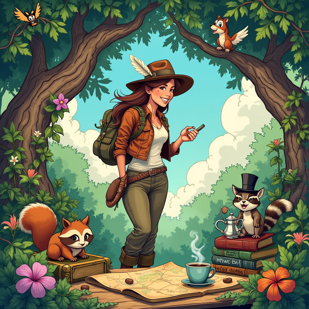 The front cover of the anniversary greetings card features a lively, intricate scene bursting with charm and whimsy, much like the adventurous spirit of Hergé’s Tintin combined with the humor of Bill Watterson’s Calvin and Hobbes. At the center of the scene is a spirited Lady Adventurer with a confident grin, reminiscent of an Indiana Jones-type character but with a playful twist. She wears a stylish, worn leather jacket, a wide-brimmed hat with a feather sticking out, and cargo pants tucked into sturdy boots. 

She stands in the middle of a lush, vibrant wilderness. Towering trees with thick, knotted trunks and sprawling branches frame the scene, their foliage a riot of greens and dotted with colorful birds resembling those from Winsor McCay's dreamscapes. Vines drape down, creating a canopy overhead, and the ground is carpeted with moss and exotic flowers in bloom.

To her right is a quaint wooden table with a vintage map spread out, pinned down by an old-fashioned compass and a steaming mug of coffee, tendrils of steam curling up into the air like miniature clouds. Next to the mug is a stack of books with titles like “Wilderness Survival” and “Exploration Chronicles,” their spines worn and dog-eared.

Perched on the edge of the table, in a manner reminiscent of Gary Larson’s quirky animals, is a mischievous raccoon wearing tiny reading glasses, intently studying the map with a magnifying glass. Near the raccoon, a chubby squirrel with a monocle and a tiny top hat is pouring coffee from a whimsical, ornate silver pot into a delicate porcelain cup. 

In the background, there's a humorous touch of R. Crumb’s underground comix influence, with a pair of silly animals – a giraffe and a hippo – trying to navigate a dense thicket while holding a giant, comically oversized coffee bean between them, their expressions ones of determined concentration. 

Above them, peeking out from the foliage, is a wide-eyed owl, its expression a mix of curiosity and bewilderment as it watches the scene unfold. Further back, a majestic mountain range with snow-capped peaks stretches towards the sky, a nod to classic adventure stories.

To add a personal touch, the scene is encircled by a delicate border of entwined coffee vines, their beans and leaves artistically wrapping around the edges of the card. The overall composition is rich with details and playful elements, inviting the viewer to discover new aspects every time they look at the card.
Generated with these themes: Lady Adventurer, Exploring the wilderness, Coffee, and Silly animals.
Made with ❤️ by AI.