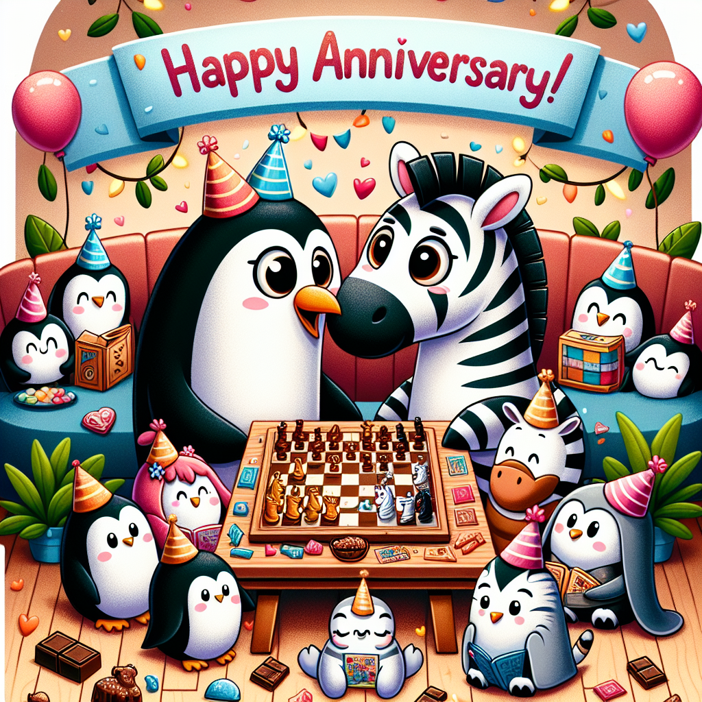 Create a whimsical image showcasing an anniversary scene in a cute cartoon style. A diverse group of joyous penguins and zebras, clad in festive party hats, are gathered around a cozy nook filled with boardgames. Among the crowd, a zebra couple, one male and one female, is engrossed in a strategic boardgame duel, displaying affection beyond their colorful stripes. The table is strewn with scattered chocolate treats, adding a delightful sweetness to this celebration. This picture should convey merriment, laughter-filled moments, camaraderie and love.
Generated with these themes: Boardgames , Chocolate , Penguins , and Zebras .
Made with ❤️ by AI.