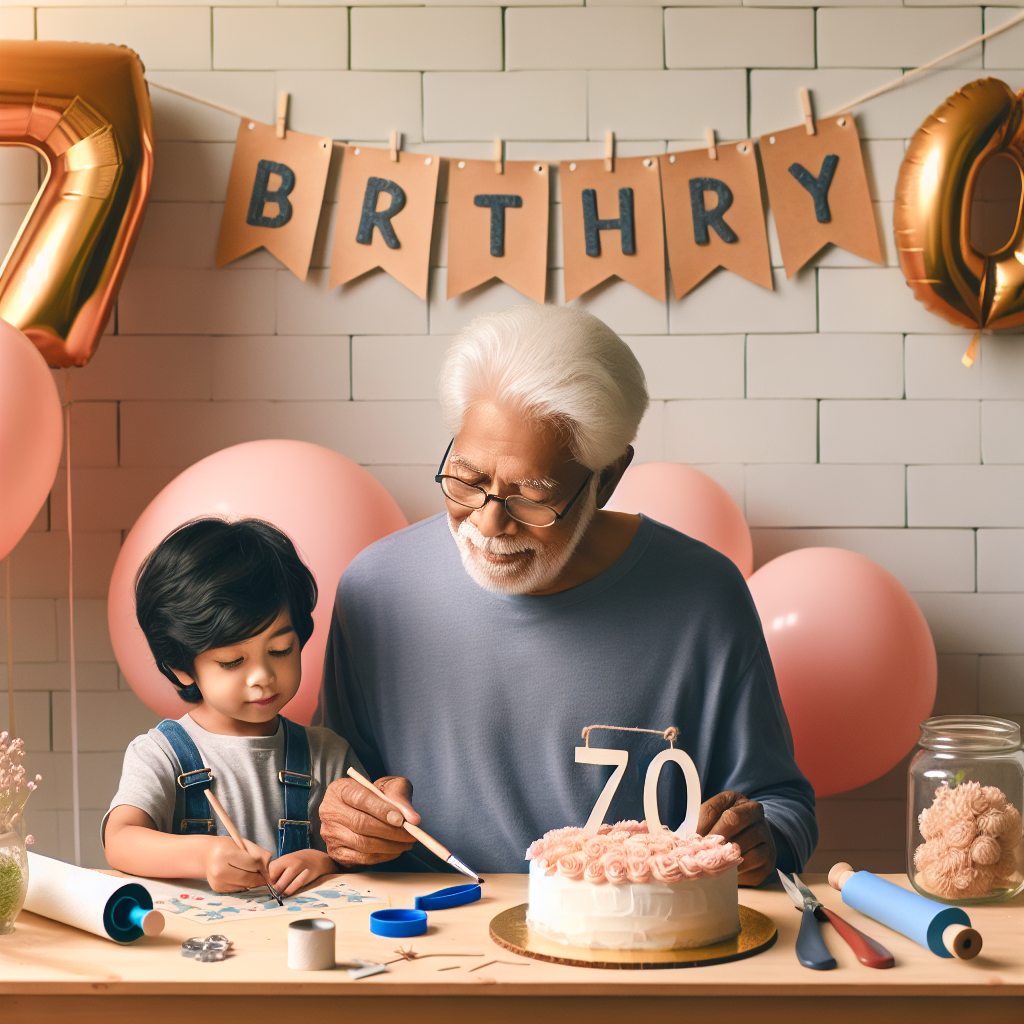Create a heartwarming illustration of a senior man of South Asian descent and a child who appears to be mixed race, engrossed in a DIY project to celebrate the man's 70th birthday. The number 70 is uniquely incorporated into a banner displayed above them. In this cozy setting, balloons and a homemade cake rest on a workbench. Ensure the image exudes the warmth and joy of a family gathering and collaborative crafting, with soft colors enhancing the charm of the scene.
Generated with these themes: 70, DIY, and Father.
Made with ❤️ by AI.