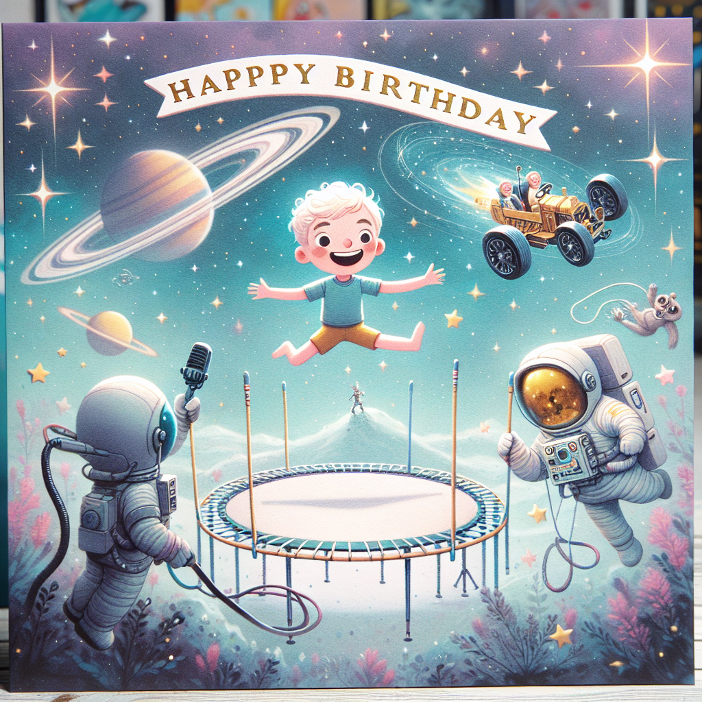 A delightful birthday card showcases a serene fusion of themes against a backdrop of pastel tones and star twinkles, conveying the endlessness of space. At the heart of the scene, a lovable cartoon character jubilantly bounces on a trampoline, captivating in mid-air with a joy-filled countenance. A cartoon figure, resembling a light-hearted television presenter with blonde hair, floats in a spacesuit nearby, microphone in hand, broadcasting an exhilarating race around Saturn's rings involving futuristic cars. Above the intriguing tableau, a humorously illustrated fictional guidebook for interstellar travelers drifts by, its screen emanating a warm birthday message.
Generated with these themes: Trampolining, Formula 1, Holly Willoughby, Hitchhikers Guide to the Galaxy, and Space.
Made with ❤️ by AI.