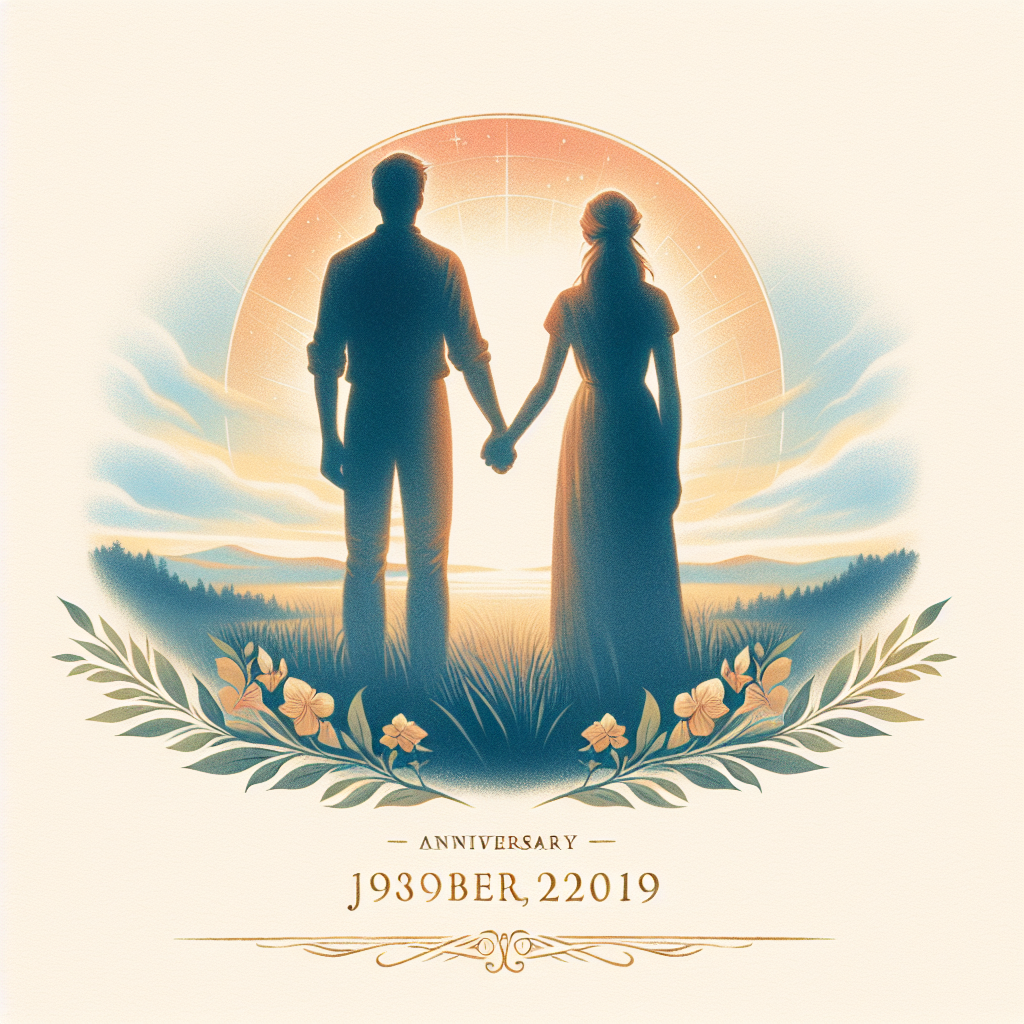 An illustration exuding solemnity captures a significant event. Two silhouetted human figures, each of an unspecified gender and race, are depicted standing next to each other, their hands clasped together, oriented towards a serene horizon. Inscribed at the bottom is a single date, portrayed in graceful typography to honor the anniversary. The gentle colors adorning the scene evoke a sensation of enduring bond and reflective festivity.
Generated with these themes: Anniversary.
Made with ❤️ by AI.