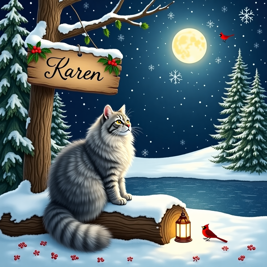In the foreground of the card, there is a majestic Norwegian Forest cat with a plush grey tabby coat, lounging regally on a snow-covered log. The cat’s fur glistens under the subtle light of a nearby lantern, casting a soft glow on the intricate patterns of its coat. Surrounding the cat, delicate snowflakes are captured mid-fall, each unique and crystalline, contributing to the serene winter wonderland. The log rests amidst a small clearing bordered by a dense thicket of evergreen trees, their branches heavy with fresh, untouched snow. In the background, a rustic wooden sign hangs between two robust pine trees. It is adorned with festive holly and bright red berries, and etched in the wood, as if carved by hand, is the name "Karen" in an elegant script. Nearby, a gentle slope leads to a frozen pond, its surface glistening under the light of a full moon that peeks through the trees. The sky above is a canvas of deep indigo, sprinkled with twinkling stars, and there, subtly etched among the constellations, are faint wisps that form the shape of the word "Karen," as if the stars themselves are whispering holiday greetings. A small cardinal, vibrant and red, perches on a branch above, its watchful eyes giving the scene a lively touch.
Generated with these themes: Norwegian Forest cat grey tabby.
Made with ❤️ by AI.
