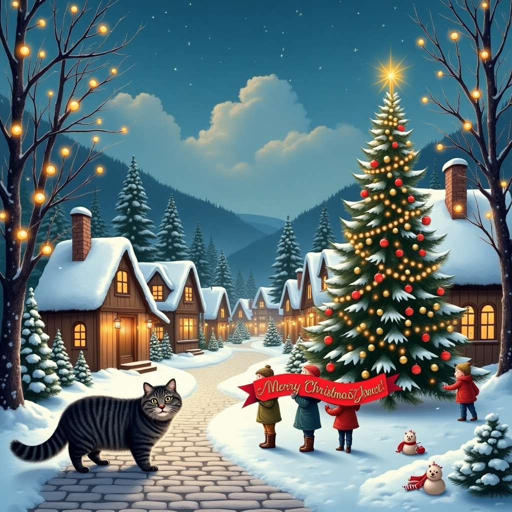 In the heart of a snowy, idyllic village nestled between pine-laden hills, a picturesque scene unfolds on the front of a Christmas greetings card. A Norwegian Forest cat with a plush grey tabby coat prowls gracefully along a winding cobblestone path, its thick fur flecked with delicate snowflakes. The path, lined with quaint wooden cottages adorned with twinkling string lights, leads to a charming town square. At its center stands a grand, ornately decorated Christmas tree, towering with glistening baubles and shimmering garlands that reflect the warm glow of nearby lanterns. In the foreground, a group of children in vibrant winter attire giggles joyfully as they build snowmen. One child holds a bright red banner that reads "Merry Christmas Karen!" in festive gold lettering, a thoughtful nod to the recipient, elegantly blending into the celebratory atmosphere. Above, the sky is a deep twilight blue, with stars beginning to peek through wispy clouds that faintly echo the name "Karen" in their delicate formations. This wondrous scene captures the enchantment of the season, intertwining the natural beauty of the Norwegian Forest cat with the festive joy of Christmas.
Generated with these themes: Norwegian Forest cat grey tabby.
Made with ❤️ by AI.