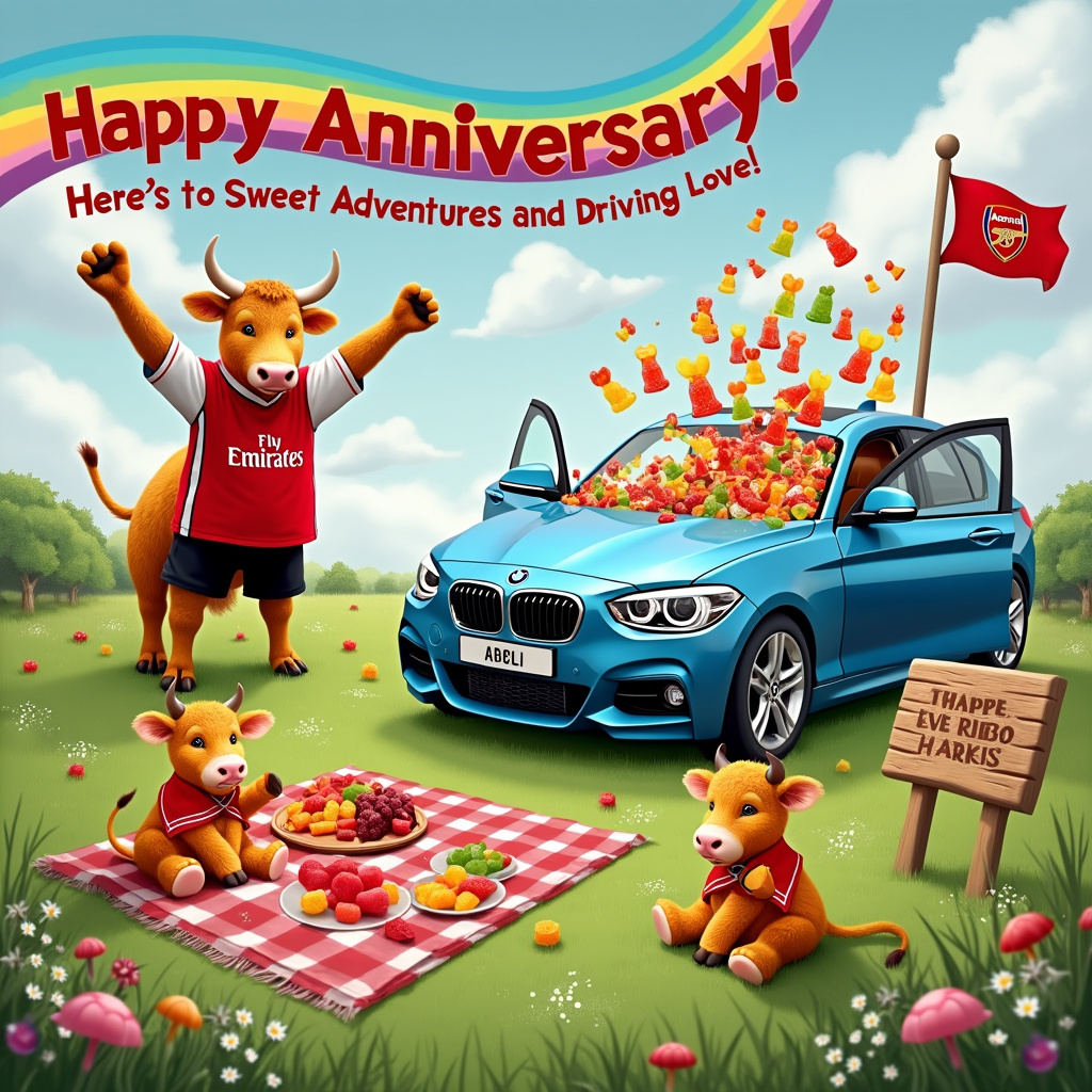 Picture this: The front cover of the anniversary greeting card is a bustling celebration scene set in a whimsical, quirky highland meadow. In the center, a highland cow is dressed in an Arsenal football kit, complete with the iconic red and white jersey and black shorts, proudly donning the team's logo. The cow stands on its hind legs, striking a triumphant pose, as if celebrating a goal.

To the right of the cow, there's a shiny, blue BMW with the doors open, and the interior is comically filled to the brim with colorful Haribo sweets spilling out onto the grass. The sweets come in all shapes and sizes – gummy bears, cola bottles, and fried eggs scattered playfully around.

In the background, there's an Arsenal flag waving proudly on a tall flagpole, blending perfectly with the highland scenery. Near the flagpole, a rustic wooden sign reads, "Happy Anniversary!" in cheerful, bold letters. Around the sign, little gummy bears are hanging like decorations, some clinging to the edges, adding a fun, sweet touch to the rustic wood.

In the bottom left corner, a small picnic blanket is laid out with an array of Haribo sweets arranged in heart shapes. Two miniature highland cows, each wearing tiny Arsenal scarves, are sitting on the blanket, facing each other with gummy rings between them as if sharing a romantic candy moment.

Above it all, a vibrant, rainbow-colored banner stretches across the top of the card, held up by cartoonish clouds, with the words “Here’s to Sweet Adventures and Driving Love!” spelled out in playful, bold letters.

The entire scene is filled with lush green grass and dotted with wildflowers, adding to the whimsical and vibrant atmosphere. Each element of the scene is intricately detailed to create a joyful and quirky anniversary celebration.
Generated with these themes: Arsenal, Highland cow, Haribo sweets, and Bmw.
Made with ❤️ by AI.