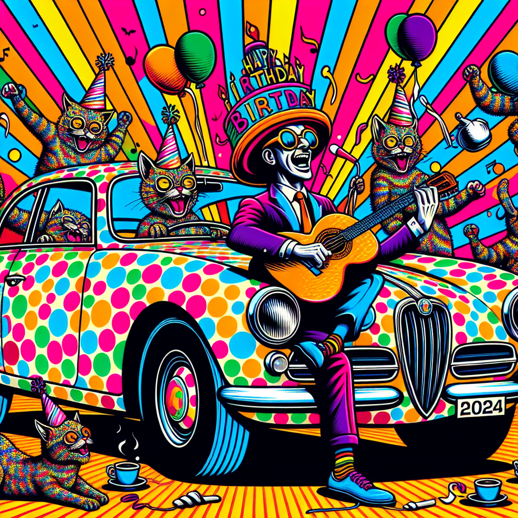 Create a quirky, birthday-themed illustration vibrant with lively, multicolored visual splurges, reminiscent of the pop-art era of the 1960s, primarily using silkscreen printing techniques. At the center, draw a comedic Alfa Romeo car patterned with rainbow polka dots. Beside the vehicle stands a Black male musician, in a eccentric birthday hat, passionately playing a bright-colored guitar. Peculiar cats wearing old-fashioned sunglasses dance merrily, with cups of coffee skilfully balanced on their heads, referencing the coffee culture aesthetic. The backdrop radiates with a retro pop-art glow, symbolically merging love for music and cars into an unconventional celebratory scene.
Generated with these themes: Alfa Romeo car, Andy warhol art, Fender Stratocaster guitar, Coffee, George harrison, Cats, and James hoffman.
Made with ❤️ by AI.