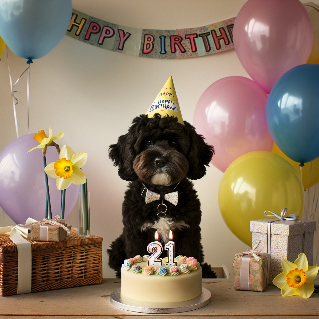 Illustrate a quaint scene featuring a black cockapoo with a white spot on its chin wearing a joyful yellow party hat. Nearby, the focus is a carefully frosted 21st birthday cake, surrounded by various colorful balloons that seem to playfully dance in the air. The scene is complimented by elegantly wrapped gifts with neat bows, adding to the celebratory atmosphere. To complete the image, incorporating a lone daffodil into the setting to signal the arrival of spring.
Generated with these themes: Black cockapoo with small amount of white fur on chin, Yellow party hat, 21st birthday cake, Balloons, Gifts with bows, and Daffodil.
Made with ❤️ by AI.