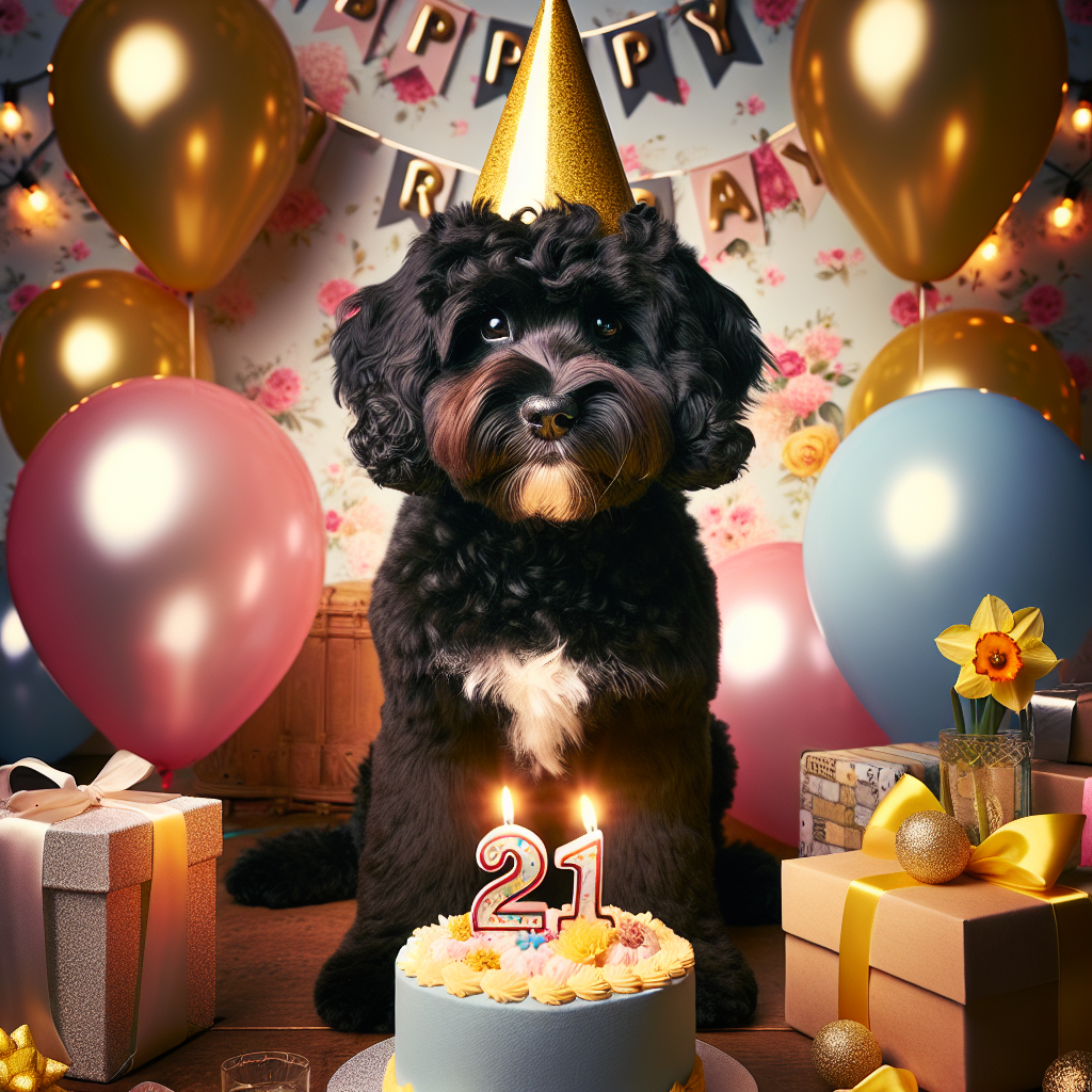 Imagine a festive scene with a black Cockapoo dog being the center of attention amidst a cheerful birthday party. The dog's eyes sparkle with excitement and its chin is adorned with a distinct patch of white fur, standing out against its dark coat. The dog is wearing a bright yellow party hat that accentuates the celebratory mood. A meticulously adorned 21st birthday cake is presented before the Cockapoo, seeming ready to be devoured any moment. Surrounding the celebration area are numerous balloons of diverse colors, floating and brushing the ceiling. Elegantly wrapped gifts with dainty bows are scattered around, their enigmatic contents waiting to be revealed. A single daffodil stands aside, its radiant golden color reflecting the ecstatic joy of the day.
Generated with these themes: Black cockapoo with small amount of white fur on chin, Yellow party hat, 21st birthday cake, Balloons, Gifts with bows, and Daffodil.
Made with ❤️ by AI.