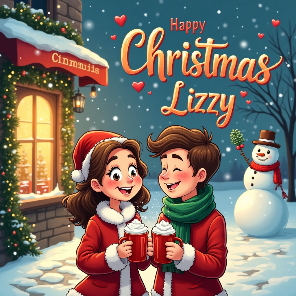 At the top of the Cartoon Style image, write in playful, swirly red-and-gold letters: **"Happy Christmas Lizzy"**.  

A whimsical, romantic Christmas cartoon scene: a snowy cobblestone street glowing under twinkling fairy lights, with a cozy little café window casting a golden light into the winter night. In the foreground, a cheerful cartoon couple with exaggerated, rounded features — Lizzy in a fluffy red Santa coat and mistletoe headband, her partner in a chunky green scarf — are holding steaming mugs of hot chocolate topped with whipped cream, their noses almost touching as they giggle. Snowflakes swirl gently around them, hearts drifting in the snow like little romantic secrets. Behind them, a plump, jolly snowman winks knowingly, holding a sprig of mistletoe high. Bright saturated reds, greens, and blues pop against the soft snowy whites, with thick outlines and playful shading to give the scene energy and charm.  
Generated with these themes: Happy Christmas Lizzy, and .
Made with ❤️ by AI.
