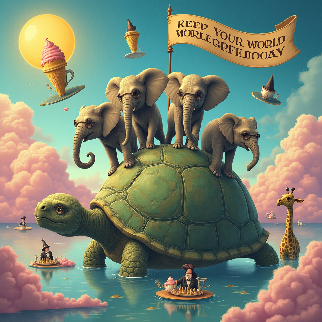 Discworld on turtleback balanced by 4 elephants , and Birthday Card
