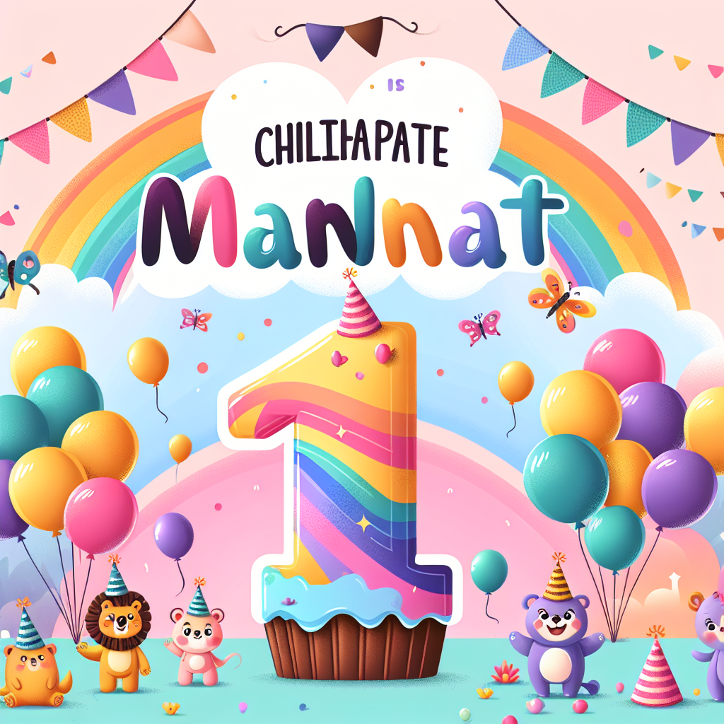 A whimsical birthday scene with a cute vector design, prominently featuring the name 'Chilakaluripet' in balloon letters. The backdrop includes a pastel rainbow and playful animals wearing party hats. In the center, the text 'Mannat is one' is scripted in childlike font below a giant '1' shaped like a cupcake.
Generated with these themes: Chilakaluripet.
Made with ❤️ by AI.
