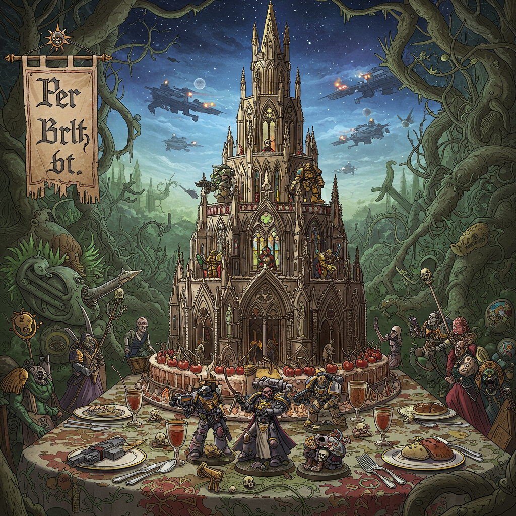 Imagine a vividly surreal birthday scene set within the gothic and grandiose universe of Warhammer 40K, where epic scale meets intricate detail. At the center of the card, a towering, baroque-inspired birthday cake resembles a cathedral, layered with gothic architecture complete with flying buttresses, arches, and stained glass-like icing. The cake is adorned with delicate sugar-crafted figures of Space Marines in their ornate armor, standing guard as if protecting a sacred relic.

To the left, an intricately detailed banner flutters, reminiscent of medieval tapestries, where the word "Per" is elegantly inscribed in a calligraphic font. It seems almost ancient, woven with gold and crimson threads, subtly catching the light. Above, the sky is a swirling cosmos, painted with deep blues and purples, dotted with stars and the looming silhouettes of distant battle cruisers, their lights blinking against the infinite void.

In the foreground, a table is laid out as though for a feast, but instead of the usual accoutrements, it is set with fantastical Warhammer 40K elements. Silver cutlery shaped like miniature bolters, goblets resembling power armor helmets, and plates etched with the sigils of various factions. The tablecloth is richly patterned with vines and skulls, in a nod to the Baroque style of Beardsley and Rackham.

Around the base of the cake, detailed figures akin to the whimsical creatures of Maurice Sendak dance and celebrate, each with exaggerated, expressive features reminiscent of Blake's work, their garments flapping dramatically as if caught in an unseen wind.

The background is a lush tapestry of twisted, ancient trees and alien flora, with gnarled branches and oversized leaves, their textures detailed with the care of Wyeth and Parrish, giving the whole scene a sense of depth and immersive complexity.

The color palette is rich and saturated, with dark greens, regal purples, burnished golds, and blood reds, highlighted by luminous silver and iridescent whites, evoking the majestic and the mythical. The overall composition blends the illustrative whimsy of Potter and the haunting precision of Doré, creating a birthday scene both fantastical and otherworldly.
Generated with these themes: Warhammer 40K.
Made with ❤️ by AI.