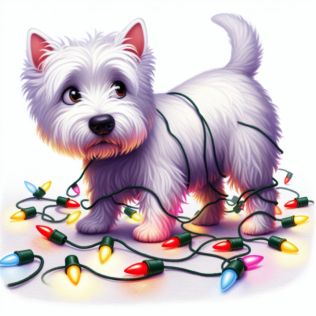 A whimsical cartoon Christmas scene unfolds, where a slender adult West Highland White Terrier, with a coat as white as snow, is playfully tangled in a strand of colorful lights. The dog's eye color is indiscernible due to the image quality, adding mystery to its cheerful gaze.
.
Made with ❤️ by AI.