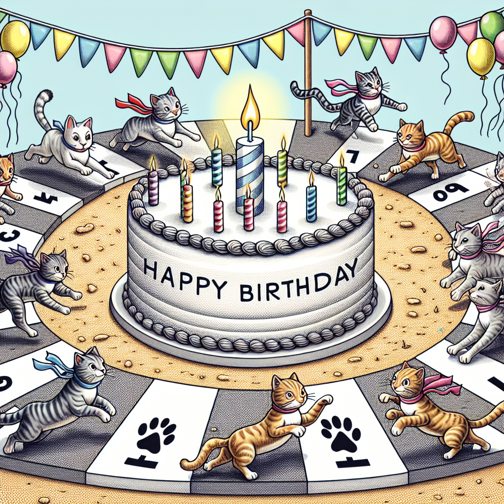 Envision a birthday-themed picture featuring a group of lively cats participating in a long-distance running sport. Visualize decorative flags swaying in the air and balloons shaped like paw-prints floating around. Picture these feline runners wearing colorful race numbers and rushing along a curving track encircling a centerpiece birthday cake with a single burning candle on top. The scene culminates with a finish line erected in front of the cake, implying the reward for the victorious cat might be the inaugural slice of the cake.
Generated with these themes: Distance Running , and Cats.
Made with ❤️ by AI.