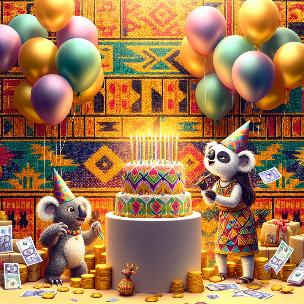 Create a festive birthday scene rich with cultural elements. The backdrop is a radiant Kente cloth with its vibrant geometric patterns. In the midst of the celebration, we spot Keney, a made-up whimsical creature that resembles a blend of a koala and a panda. Keney is in a festive mood, wearing a party hat and playfully holding a bunch of balloons. Scattered around the scene, symbols of prosperity like gold coins and paper currency signify abundance and good fortune. In the forefront of the image, a South Asian girl who is the reason for the celebration, is depicted blowing out candles on an elaborately frosted cake, the joy in her face reflecting the preciousness of the moment.
Generated with these themes: Kente, Keney, Money, and Daughter.
Made with ❤️ by AI.