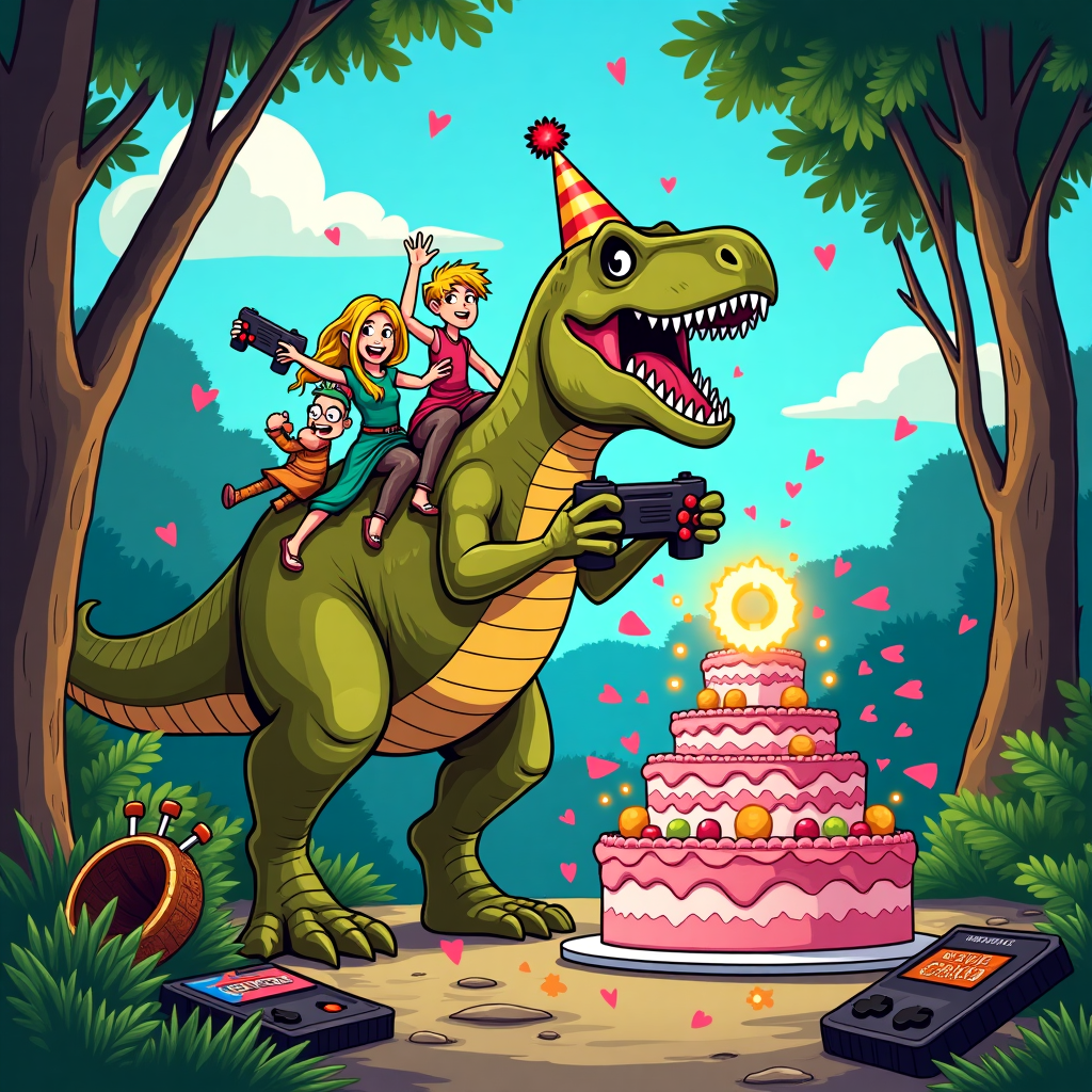 **Image Prompt:**

At the top of the illustration image: *"Happy Level-Up, Daddy-saur, One Does Not Simply Turn Older!"*

Create a hilariously epic birthday-themed illustration in a bold, vibrant, cartoonish art style.

In the image, a Jurassic Park-style jungle is filled with chaos and comedy. A giant T-Rex (with a birthday hat) is stomping through the jungle, but instead of roaring, it's playing video games on a massive controller. Riding the T-Rex's back are two cheeky blonde-haired daughters in Elven cloaks (like Legolas), high-fiving each other as they blast pixelated birthday confetti guns.

Nearby, a fusion of Robocop and Aragorn — let's call him "Robo-rorn" — is guarding a massive birthday cake shaped like Mount Doom. A glowing ring floats above the cake with the words "One Cake to Rule Them All" inscribed.

In the bushes, little raptor-sized Game Boys sneak around with joysticks, and there's a broken "YOU DIED" video game screen cracked on the jungle floor next to an overturned birthday piñata shaped like a Dalek (just for random flair).

The entire image should feel like a ridiculous crossover video game level — bright colors, dynamic action, funny expressions — filled with gamer icons, Lord of the Rings fantasy touches, sci-fi cyborg style, and dino madness. Add floating 8-bit hearts, extra lives, and lots of over-the-top party chaos!
Generated with these themes: Gamer , Lord of the Rings , Robocop, Jurassic Park , and Two daughters with blonde hair .
Made with ❤️ by AI.