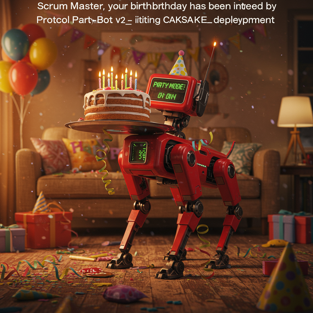 At the top of the realistic photograph image, "Scrum Master, your birthday has been intercepted by Protocol Party-Bot v2.0 – initiating CAKE deployment!"

**Prompt:**  
Create a realistic photograph of a bright red, futuristic robot dog standing upright on its hind legs, balancing a multi-layered, slightly melting birthday cake on a shiny serving tray. The robot dog has a digital display on its forehead that reads "PARTY MODE: ON", with silly party streamers tangled around its metal legs. It's in the middle of a cozy living room that's clearly been hastily decorated – half-inflated balloons, crooked "Happy Birthday" banner, and confetti strewn everywhere. One of the candles on the cake has singed the robot dog’s antenna a bit, and there's a surprised-looking cat in the background watching from behind the couch. The lighting is warm and natural, like a candid snapshot of a birthday party gone delightfully haywire.
Generated with these themes: Red Robot Dog holding birthday cake.
Made with ❤️ by AI.