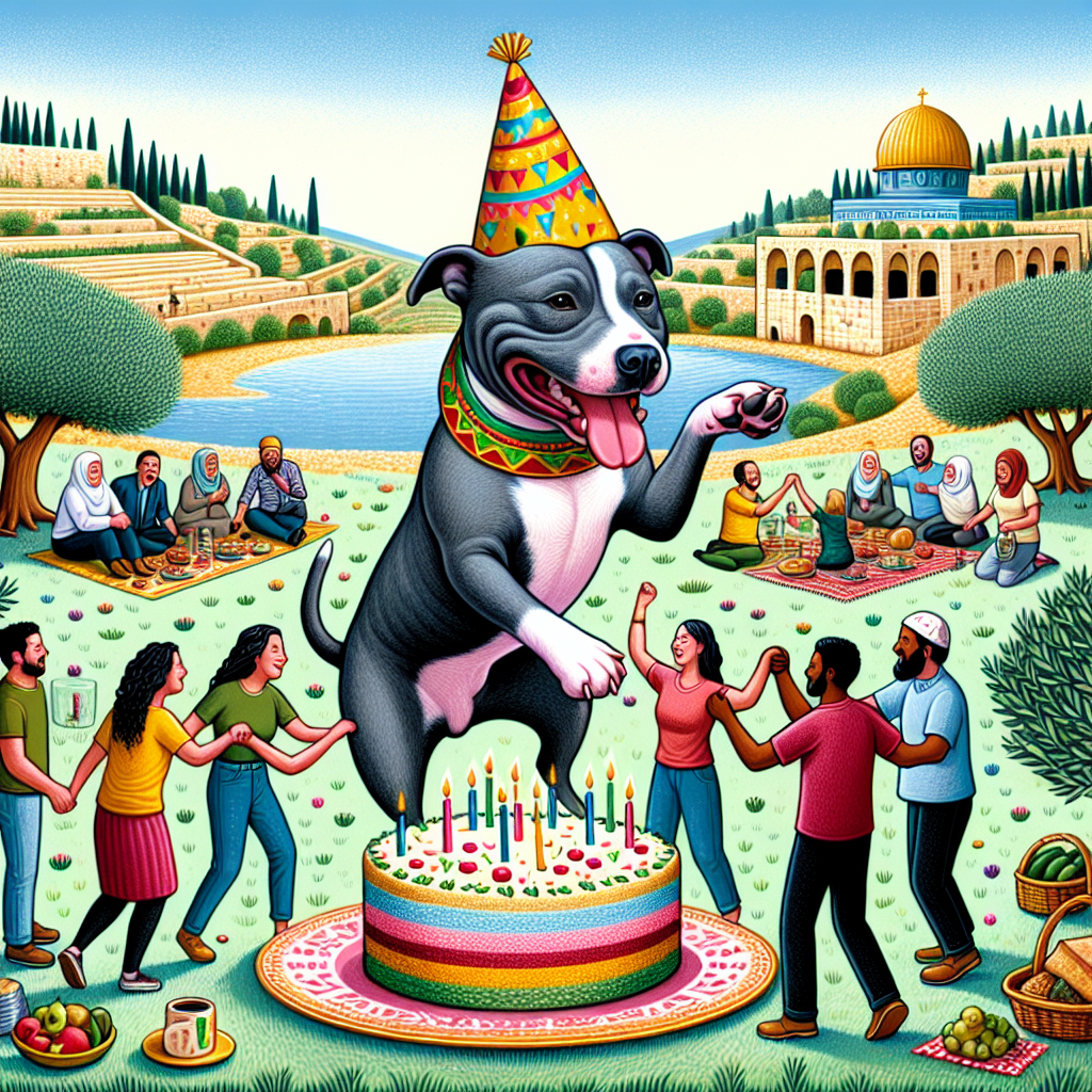 Create a delightful birthday illustration that beautifully captures a harmonious scene. In the heart of the image, place a jovial Staffordshire Bull Terrier with a vibrant party hat, joyfully leaping towards a vegan birthday cake amidst a serene picnic scenario. Set this festive gathering against the backdrop of a peaceful setting inspired by Palestinian landscapes, depicting lush olive trees and iconic architectural elements. Surrounding the birthday cake, kindly illustrate various individuals of differing occupations, linked arm in arm in solidarity, thus embodying unity and celebration. Ensure the overall atmosphere exudes warmth and inclusivity, aptly suiting the theme of birthday cheer.
Generated with these themes: Palestine, Unions, Veganism, and Staffordshire bull terriers.
Made with ❤️ by AI.