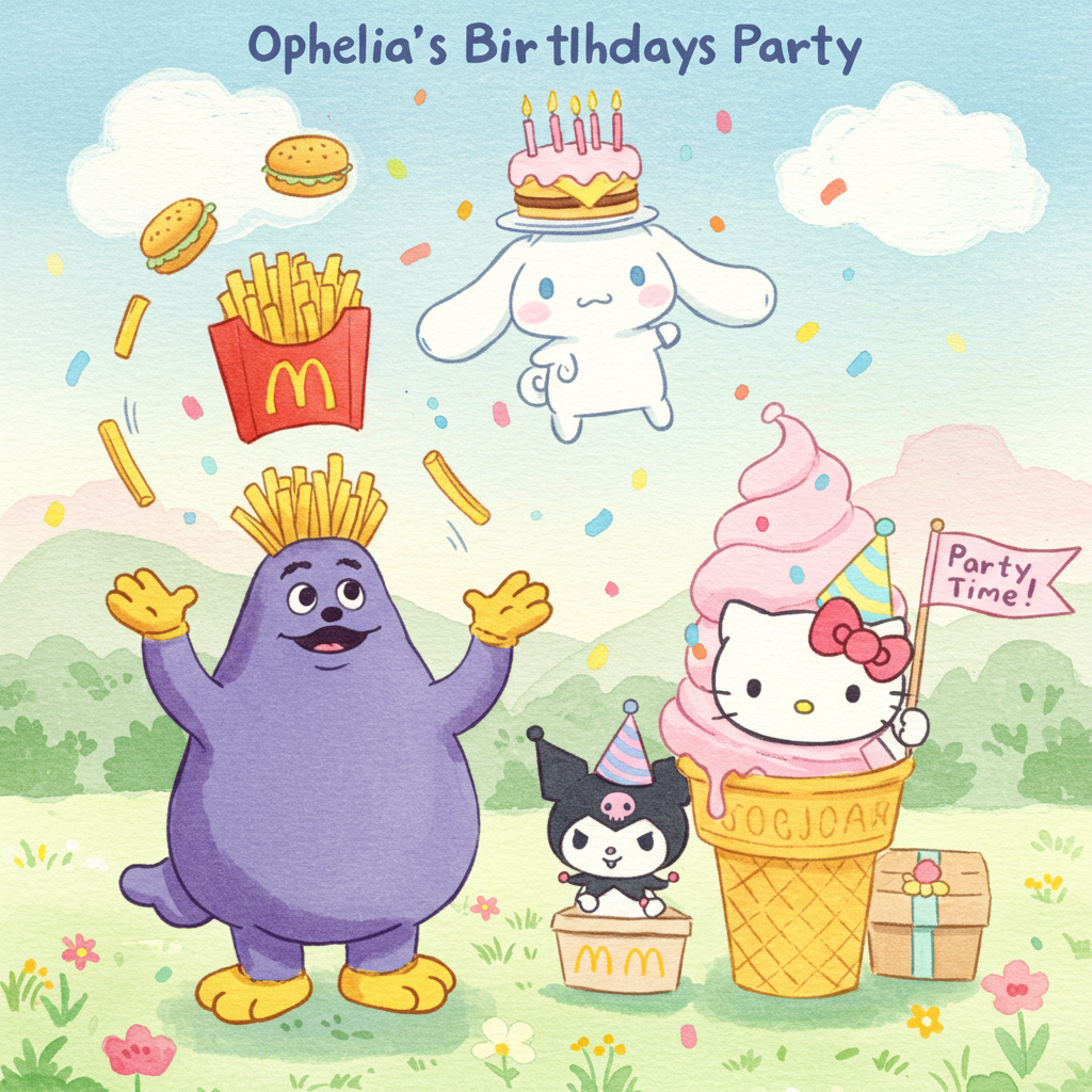 At the top of the Watercolor Style image, the text reads: "Ophelia’s Birthday Party".

**Scene Description:**

In the whimsical world of watercolor, a funny birthday scene unfolds featuring a colorful mashup of beloved characters. Grimace, with his iconic purple hue, is playfully juggling McDonald's French fries, each fry painted in delicate shades of yellow and orange with watercolor washes. Beside him, Cinnamoroll, the adorable white puppy, is floating with the help of his cinnamon roll-shaped ears, a birthday cake precariously balanced on his head.

Kuromi, the mischievous little black jester, peeks from behind a giant, soft serve ice cream cone, which is dripping slightly in pastel colors. Hello Kitty stands proudly, wearing a birthday hat adorned with a miniature burger, waving a tiny flag that reads "Party Time!" in a handwritten, playful script.

The background is a dreamy, pastel landscape with gentle gradients of blues, pinks, and greens, creating a fantastical birthday dreamscape. Scattered confetti, softly brushed with watercolor, floats around the scene, adding to the festive and humorous ambiance.
Generated with these themes: Grimace, cinnamoroll , McDonald’s , Kuromi, hello kitty, Sanrio, and .
Made with ❤️ by AI.