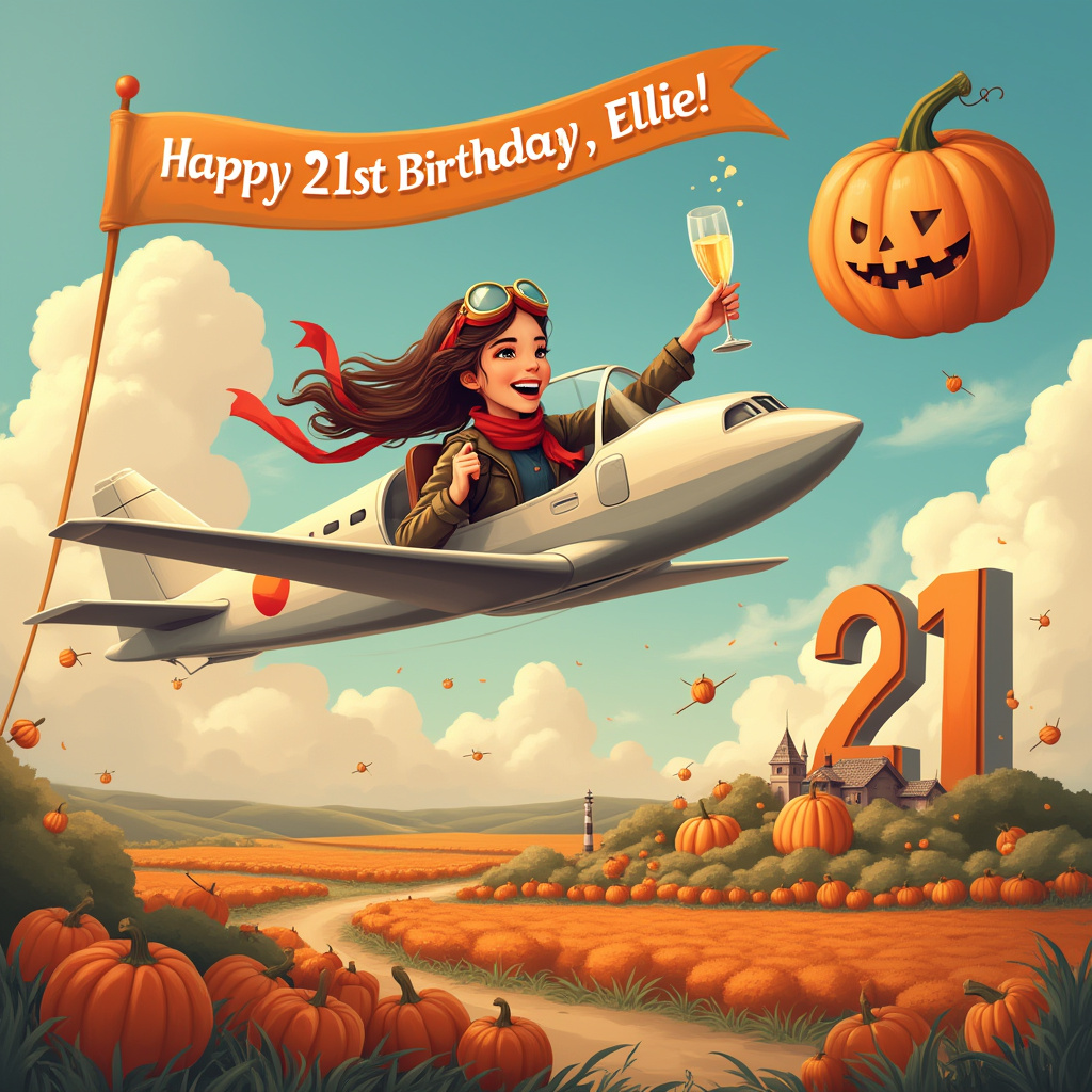 In this whimsical birthday scene, set high above the clouds, we see a sleek, modern airplane gliding effortlessly through the sky. The plane is decorated with a festive banner trailing behind, proudly reading "Happy 21st Birthday, Ellie!" in bold, playful letters that catch the sunlight. Seated comfortably in the open cockpit, our jubilant young lady with flowing brown hair is clad in a chic aviator jacket, oversized goggles perched on her head, and a stylish scarf fluttering in the wind. She raises a glass of champagne in celebration, the bubbles capturing the light in a mesmerizing dance. 

Surrounding the plane, fluffy white clouds take on peculiar shapes, including one that resembles a giant pumpkin with a whimsical face carved into it, its eyes winking cheekily at Ellie. Below, the landscape unfolds as a patchwork of vibrant orange pumpkin fields, their earthy tones contrasting with the clear azure sky. A few pumpkins appear to have small propellers attached, as if they are trying to join the airborne festivity. Nestled among the pumpkin fields is a quaint village, where tiny figures wave up at the plane, adding a sense of community to the scene. 

The card's background is a mix of warm sunset hues, hinting at the close of a perfect day of adventure and marking the dawn of Ellie's exciting new chapter. The number "21" is cleverly integrated into the horizon, formed by two majestic cloud formations that stand proudly in the twilight sky, underlining the special occasion. This imaginative and lively illustration captures a story of celebration, freedom, and the thrilling journey of turning 21, all dedicated to Ellie.
Generated with these themes: Travelling, Modern plane, Young lady with brown hair, Pumpkins, Champagne, and 21st birthday.
Made with ❤️ by AI.