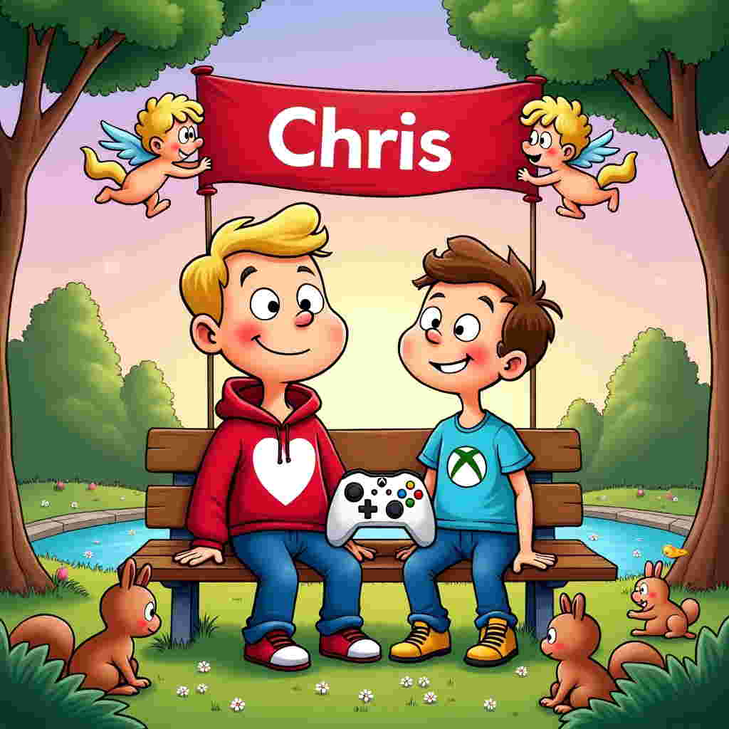 The front cover of the greeting card showcases a whimsical and lively cartoon scene inspired by a playful fusion of styles reminiscent of Bill Watterson and Charles Schulz. The background is a vibrant park setting with lush, exaggeratedly green grass, scattered daisies, and a sky painted in a gradient of pink and lavender, hinting at a magical sunset.

In the center, two cartoon characters with exaggerated, comical features are seated side by side on a wooden park bench. Their heads are slightly oversized with large, expressive eyes, and they have bright, joyful smiles. One character wears a red hoodie with a prominent white heart in the center, while the other sports a sky-blue t-shirt emblazoned with a playful, cartoonish Xbox logo.

Between them on the bench is a heart-shaped Xbox controller, oversized for comedic effect, with an array of colorful buttons. The controller seems to be animated, its thumbsticks playfully wiggling as if trying to join in on the fun.

Floating above them, a vibrant red banner held up by two cartoon cherubs with tiny, fluttering wings, reads “Chris” in bold, stylized white letters. The cherubs, with their plump, rosy cheeks and curly blonde hair, add a delightful touch of fantasy.

Scattered around the scene are cute, quirky woodland animals in pastel colors—squirrels, rabbits, and birds—each with exaggerated features, watching the couple with curious, wide-eyed expressions. A cartoon tree nearby leans in slightly, its trunk comically bent, as if eavesdropping on the playful scene.

In the background, a stylized heart-shaped pond glistens under the gentle hues of the sunset, adding a final romantic touch to this vibrant, cartoon-style Valentine's Day greeting card cover.
Generated with these themes: Xbox.
Made with ❤️ by AI.