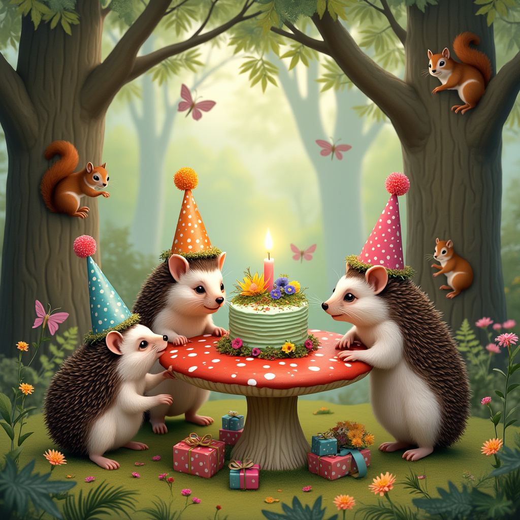 In the heart of an enchanting woodland, a delightful birthday celebration unfolds beneath the dappled shade of towering oak trees. Central to this charming tableau is a group of hedgehogs, each wearing festive, conical birthday hats adorned with tiny polka dots and glittering tassels. The hedgehogs are gathered around a whimsically decorated toadstool table, which serves as the centerpiece of this woodland party. The toadstool's cap is a vibrant red, speckled with bright white spots, and is adorned with a garland of tiny, twinkling fairy lights. Upon the table, a petite hedgehog-sized cake, layered and frosted with a smooth pastel green icing, is topped with delicate edible flowers and a singular, lit candle flickering with warmth. Scattered around the base of the table, a colorful assortment of gifts wrapped in leaves and tied with delicate twine adds a sense of anticipation and delight. In the background, curious squirrels peek out from the branches above, while butterflies dance lightly in the air, completing this joyful woodland gathering. The scene is framed by a border of lush ferns and wildflowers, drawing the eye towards the playful hedgehogs and their celebratory feast.
Generated with these themes: Hedgehogs .
Made with ❤️ by AI.