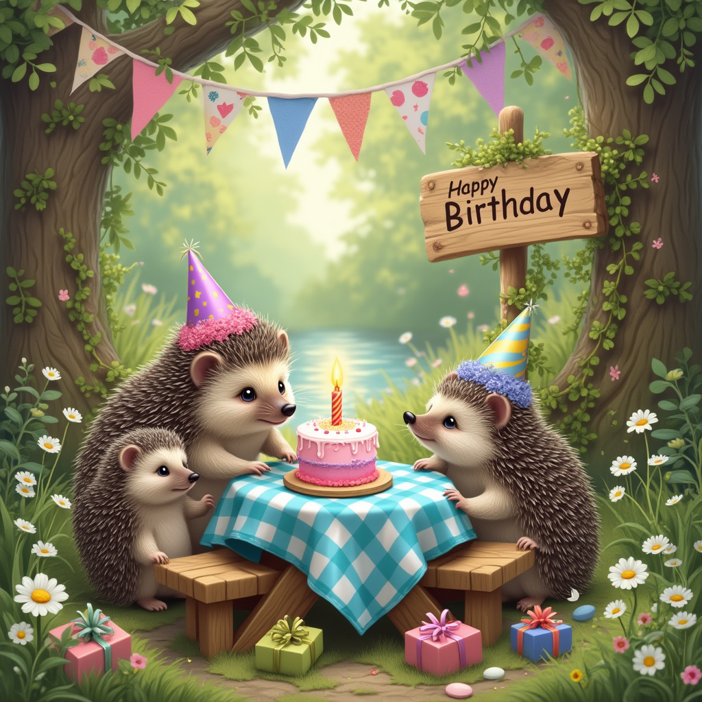 In this charming birthday card scene, we find ourselves in a lush, whimsical forest glade under the gentle dappled sunlight of a late spring afternoon. The centerpiece of the scene is a quaint wooden picnic table draped in a vibrant, checkered cloth of cheerful blue and white. Gathered around the table are a family of hedgehogs, each wearing tiny, brightly colored party hats. The mother hedgehog, with her distinctive quills decorated with festive bows, is carefully placing a petite cake on the table, its frosting swirled with shades of pink and lavender, topped with a single, glimmering candle. Scattered around the table are tiny, delicately wrapped presents with ribbons in hues of pastel pinks and greens, enticingly tied in perfect bows. A couple of young hedgehogs, their eyes wide with excitement, are perched on miniature wooden stools, eagerly awaiting the cake. Behind them, a small, arched wooden sign with the inscription "Happy Birthday" is intertwined with wildflowers and ivy, adding a rustic charm to the scene. Overhead, colorful bunting strung between two towering oak trees flutters gently in the breeze. In the background, a babbling brook meanders gently, bordered by clusters of wild daisies, adding a soothing backdrop to this delightful celebration. The entire scene is infused with a sense of nature's beauty and the innocence of a woodland birthday celebration, inviting all who gaze upon it to join in the hedgehogs' joyful day.
Generated with these themes: Hedgehogs .
Made with ❤️ by AI.