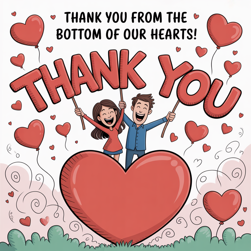 At the top of the image, "Thank you from the Bottom of Our Hearts!":

In the center, illustrate a cartoon-style scene of a quirky couple standing on a giant, oversized heart-shaped platform. They are both holding oversized 'Thank You' signs, with exaggerated joyful expressions. The background is filled with floating heart balloons and swirling romantic cartoon doodles.
Generated with these themes: Hearts, a couple , and .
Made with ❤️ by AI.