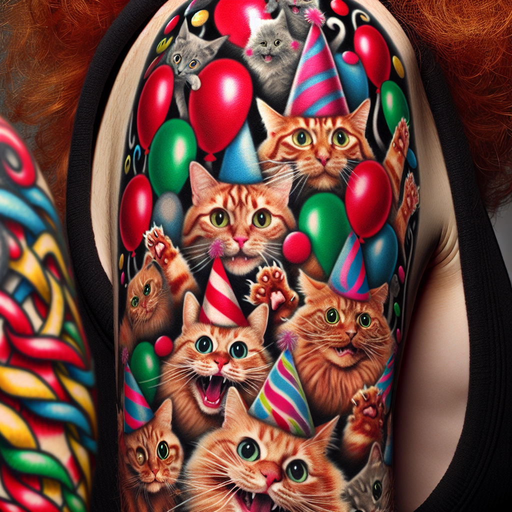Imagine a unique scenario where a cluster of tattoos on the arm of a red-headed individual come to life. Among these tattoos are several cats, santastically rendered with a touch of whimsical humor. Each cat proudly wears a party hat, giving off a vibe of a vibrant birthday celebration. The cats play amidst a burst of colorful ribbons and balloons, their faces adorned with oversized, playful grins. The overall atmosphere is one of joyous celebration, and the tattoos portray this scenario in a highly realistic yet funny manner.
Generated with these themes: Tattoos, Ginger hair, and Cats.
Made with ❤️ by AI.