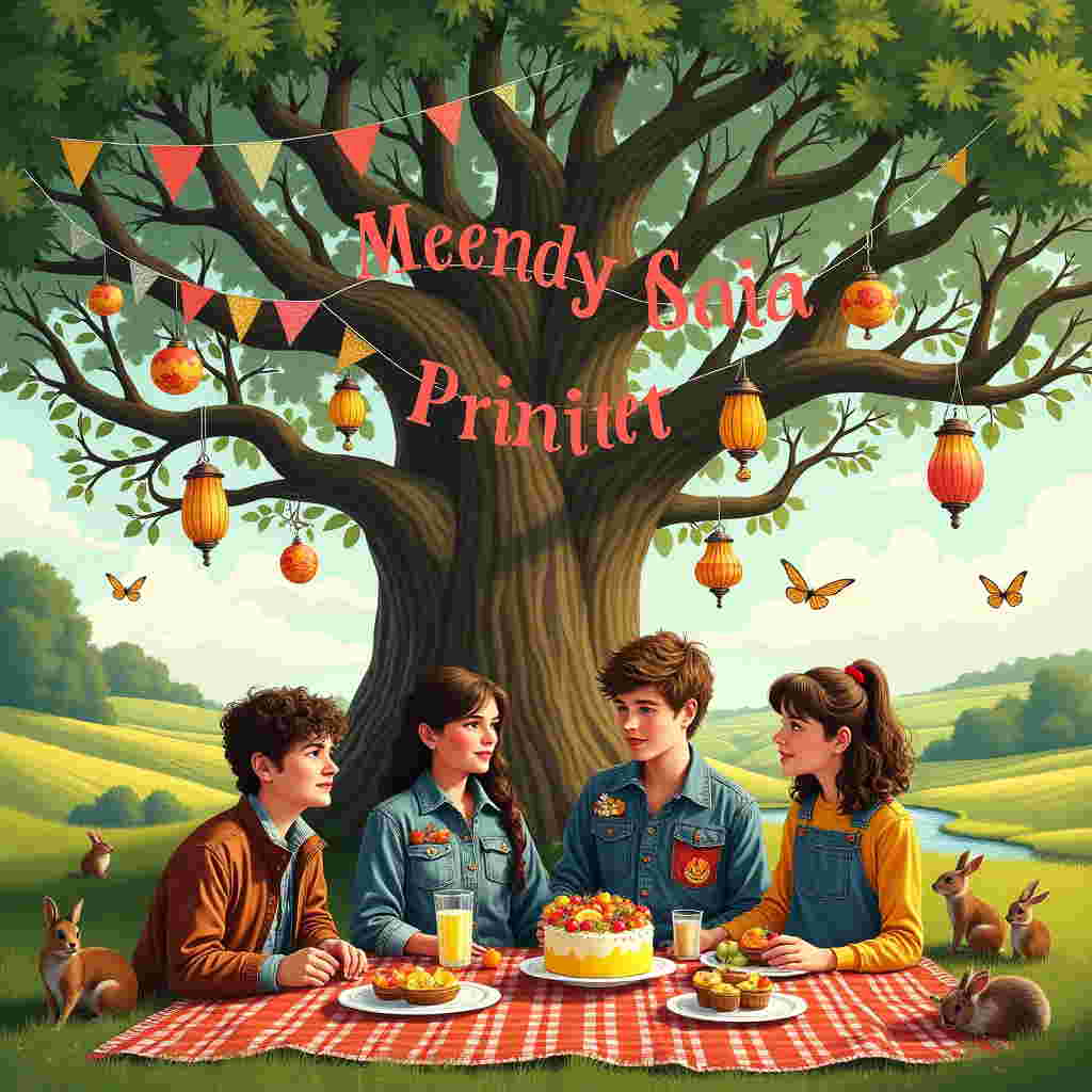 In the foreground of the card, imagine a sprawling, whimsical oak tree with intricate, twisted branches and lush green foliage, teeming with detail akin to Arthur Rackham's work. Among its branches hang colorful, handmade lanterns and vibrant, paisley-patterned bunting that spell out "Melvin's Spring Party" in bold, dynamic lettering, reminiscent of Maxfield Parrish’s rich palette.

Underneath the tree, a group of teenagers are gathered, each with a distinctly cool, slightly exaggerated fashion sense. One might be wearing a vintage leather jacket with patches of vivid red and blue, another in a sun-bleached denim outfit with quirky patches in hues of teal and mustard, hinting at the detailed hand-drawn style of Quentin Blake.

A picnic table nearby is overflowing with a bounty of nature's delights: a luscious birthday cake adorned with edible wildflowers, platters of fresh fruits in vivid oranges, yellows, and purples, and sparkling lemonade in a crystal pitcher catching the sunlight like a N.C. Wyeth scene. 

In the background, rolling meadows and a sparkling creek are depicted with the soft, illustrative touch of Beatrix Potter, populated by rabbits and squirrels playfully peeking out from between the tufts of grass. Above them, a sky of swirling pastel clouds, reminiscent of a Gustave Doré etching, frames the scene, while a few ethereal butterflies float lazily through the air, painted in delicate, iridescent tones.

Every detail, from the bark on the tree to the stitching on the teenagers’ clothes, is meticulously rendered in a hand-drawn style that is both detailed and expressive, echoing the precision and whimsy of Edward Gorey’s works. This scene encapsulates a cool, nature-inspired birthday celebration with a charmingly detailed illustration that promises a memorable, lively affair.
Generated with these themes: Teenager, Cool, Nature, and .
Made with ❤️ by AI.