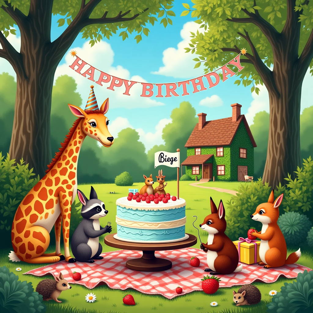 Imagine a vibrant birthday scene infused with a playful touch of whimsy and detail. The setting is an outdoor birthday picnic in a lush, sun-dappled garden, capturing the timeless charm akin to the illustrations of Beatrix Potter and the rich storytelling of Norman Rockwell.

**Foreground:** A large, intricately decorated birthday cake sits at the center on a small wooden table, layered with swirls of pastel icing in shades of pale blue, lavender, and mint green. The cake is adorned with tiny sugar sculptures of animals—rabbits, squirrels, and birds—bringing in the essence of a woodland festivity. On top of the cake, there's a little flag with the word "Biege" scrawled in a playful, handwritten script, fluttering gently.

**Midground:** Surrounding the cake, a group of hand-drawn characters, reminiscent of Quentin Blake’s expressive style, gather with exaggerated, lively features. There’s a tall, lanky giraffe wearing a party hat, a chubby raccoon clutching a balloon, and a fox with a monocle inspecting a wrapped present. Each character is bursting with detail—delicate cross-hatching defines fur, feathers, and clothing, inspired by the intricate line work of Arthur Rackham.

**Background:** In the distance, a quaint, ivy-covered cottage peeks through a canopy of towering trees, their leaves a blend of emerald and olive hues, dappling the ground with light. The sky is a clear, cerulean blue with fluffy, cotton-candy clouds scattered across it. Above, a simple banner strung between two trees spells out "Happy Birthday" in bold, serif letters, echoing the elegance of Maxfield Parrish's art.

**Other Details:** Scattered across the grass are little woodland critters—hedgehogs nibbling on strawberries, a rabbit peeking out from behind a bush, and a couple of curious birds perched atop the cottage roof. Nearby, a picnic blanket with a classic red and white checkered pattern holds an assortment of teacups and small plates filled with assorted cookies, reminiscent of a scene from a Maurice Sendak storybook.

This card front is a delightful tapestry of detail and whimsy, perfect for capturing the imagination on a special day.
Generated with these themes: Birthday.
Made with ❤️ by AI.