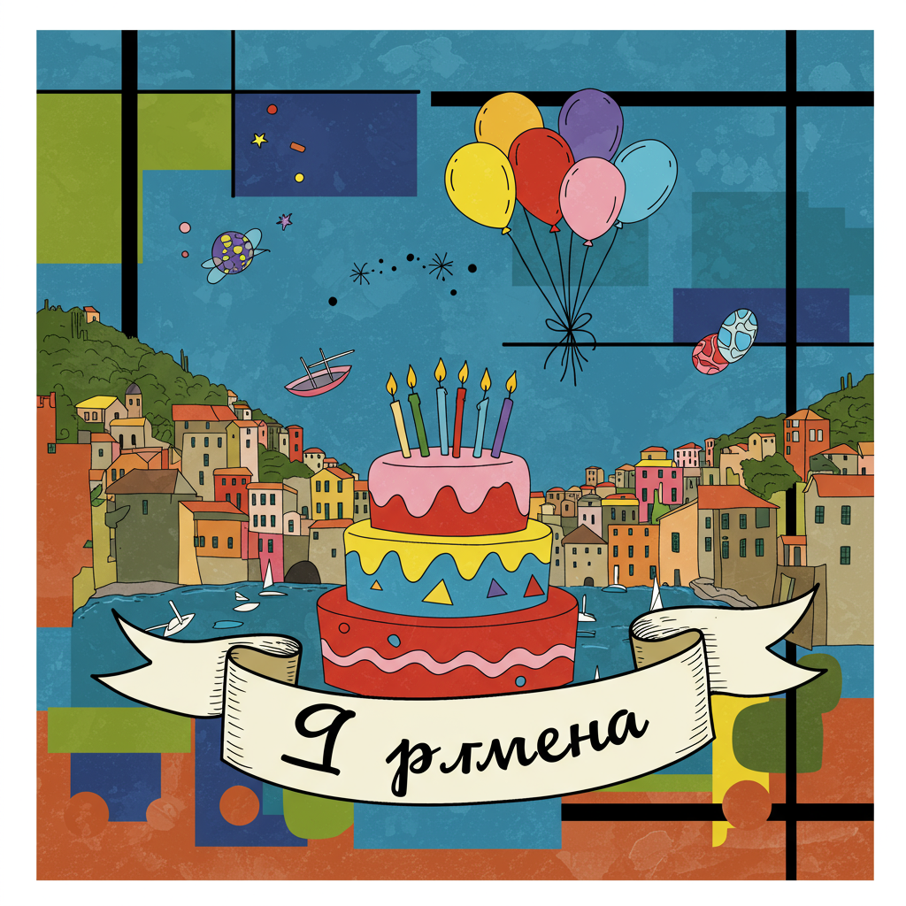 **Front Cover Design Description:**

Title: **"Birthday in Genoa - A Fusion of Form and Color"**

**Background:**
Imagine the canvas divided in a Mondrian-esque grid pattern, where the intersecting lines are bold and black. The spaces between are filled with large blocks of color, reminiscent of Rothko’s broad strokes. A deep azure blue represents the Ligurian Sea, a warm terracotta evokes Genoa’s historic rooftops, while a vibrant olive green hints at the lush hills surrounding the city.

**Central Elements:**
- **Abstract Cake:** In the center, a whimsical Kandinsky-inspired cake. It’s constructed of overlapping geometric shapes—circles, triangles, and rectangles. Each tier of the cake is a different color: bright yellows, vivid reds, and a striking cobalt blue, all outlined in bold black lines.

- **Floating Shapes:** Miró-like floating organic forms dance around the cake—stars, squiggles, and blobs—painted in a Pollock-inspired splatter of colors. These shapes echo the abstract skyline of Genoa, with hints of cathedral domes and ship masts.

- **Celebratory Details:**
  - **Balloon Clusters:** De Kooning-esque abstract balloons float across the card, rendered in translucent layers of pastel pinks and soft purples, their strings are dynamic twirls of black ink.
  - **Candles:** Tall, slender candles spring from the cake, each one a thin streak of fire-like yellow and orange atop black shafts.

**Text Element:**
- A Cy Twombly-inspired looping banner winds through the abstract landscape, carrying the handwritten text “Олена” in elegant, swirling script. The banner itself is a soft, creamy white, contrasting against the vibrant background, and it appears to be fluttering gently like a sail.

**Additional Details:**
- **Seagull Forms:** Abstract, simplified shapes of seagulls hover in the upper corners, drawn with minimalistic lines akin to Agnes Martin’s style, their forms gently contrasting against the bold color blocks of the sky.
  
The entire composition is vibrant and energetic, with a balance of precise geometric forms and free-flowing organic shapes, encapsulating the lively spirit of a Genoese birthday celebration.
Generated with these themes: Genoa.
Made with ❤️ by AI.